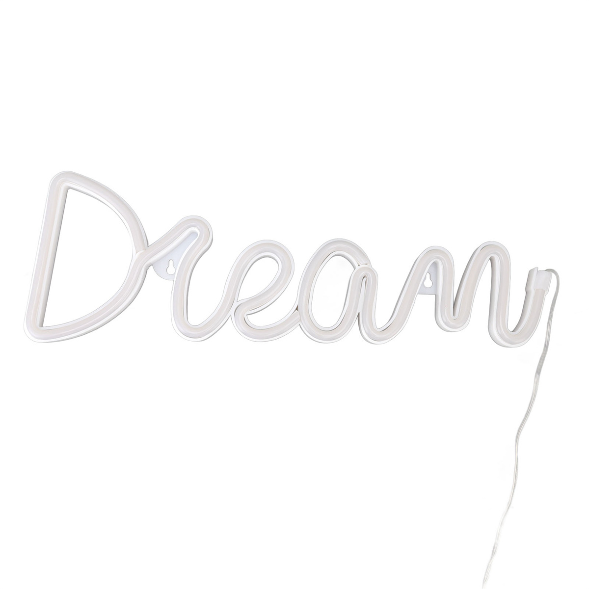 Weißes Neon-Schild mit der Aufschrift "Dream" vor weißem Hintergrund.