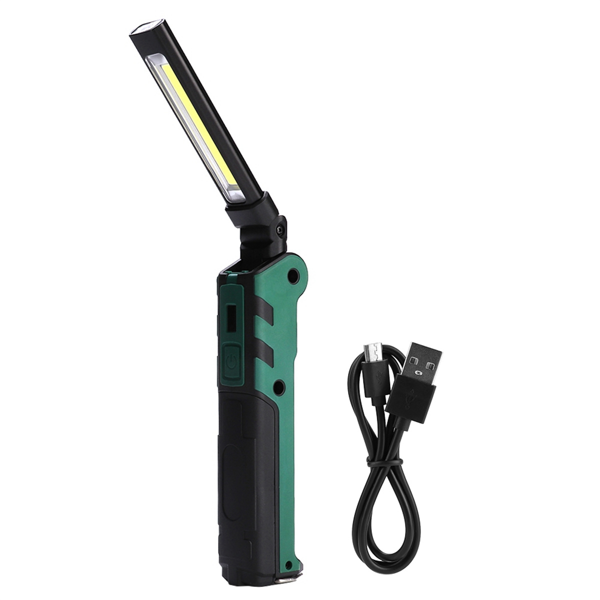 Grüne und schwarze Arbeitsleuchte mit USB-Ladekabel, abgewinkelt und isoliert.