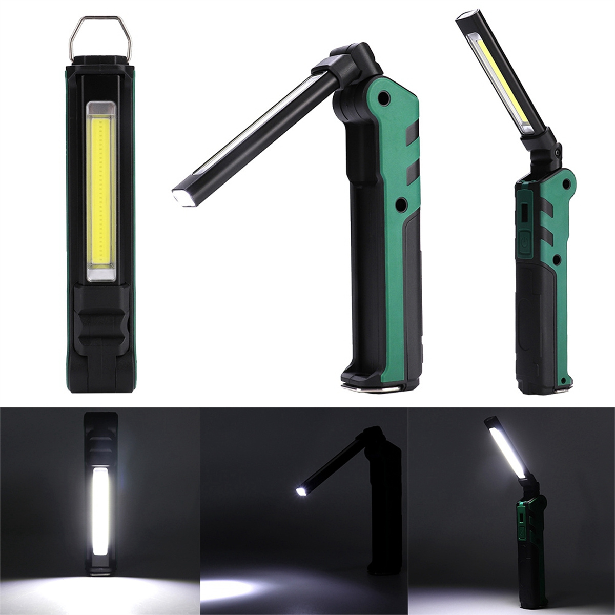 Drei Ansichten einer schwarz-grünen Arbeitsleuchte mit LED-Leuchten.