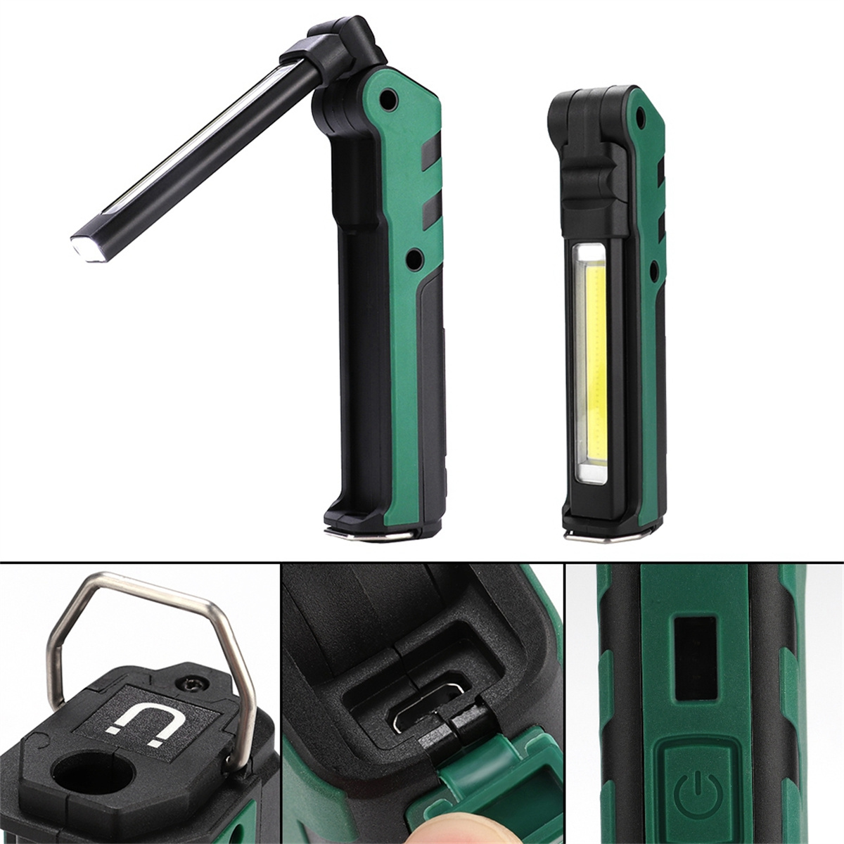 Zwei grüne und schwarze Arbeitsleuchten mit Details eines Ladeanschlusses und Magneten.