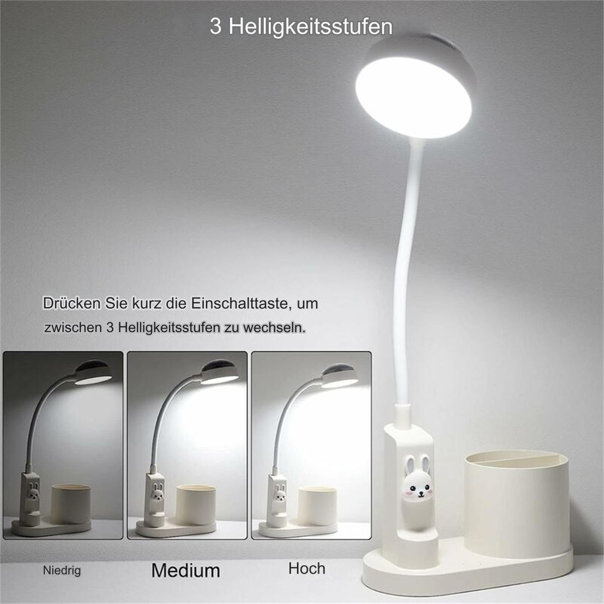 Eine weiße Schreibtischlampe mit drei Lichteinstellungen, die jeweils unterschiedlich beleuchtet sind. Ein Stifthalter ist dabei.
