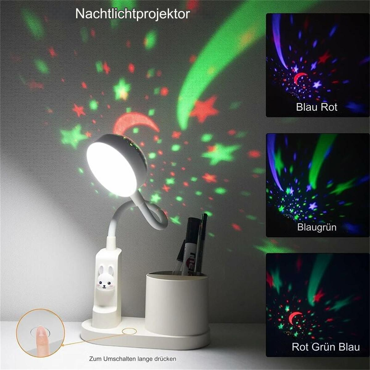 Nachtlichtprojektor mit Sternen, Mond und Sternschnuppen, die auf eine Wand projiziert werden.