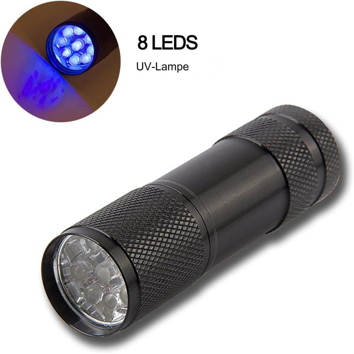Schwarze UV-Taschenlampe mit 8 blauen LEDs. Nahaufnahme zeigt leuchtende LEDs. Text: 8 LEDs UV-Lampe.