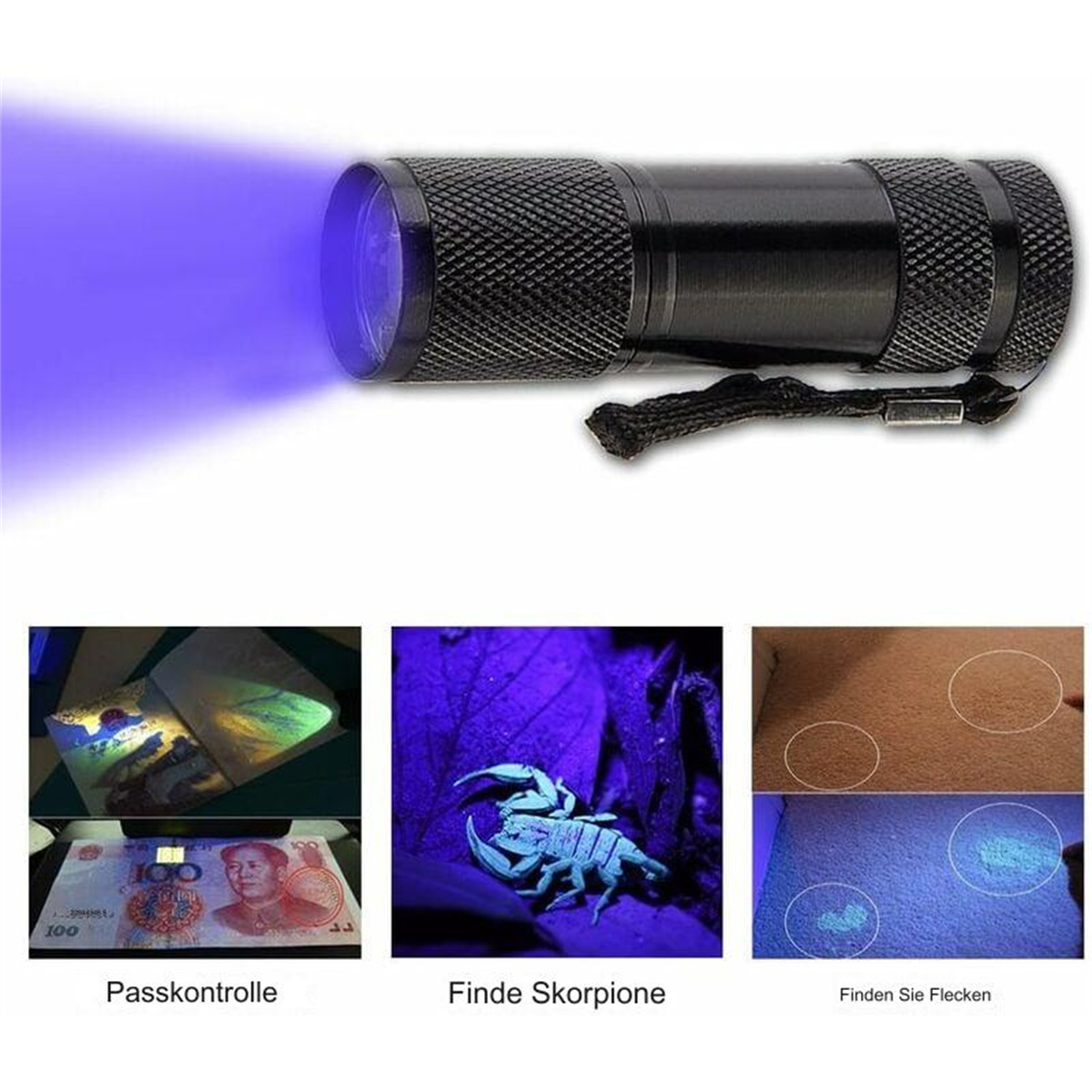 Eine schwarze UV-Taschenlampe, die violettes Licht scheint, mit Bildern von Währung, einem Skorpion und Hautflecken darunter.