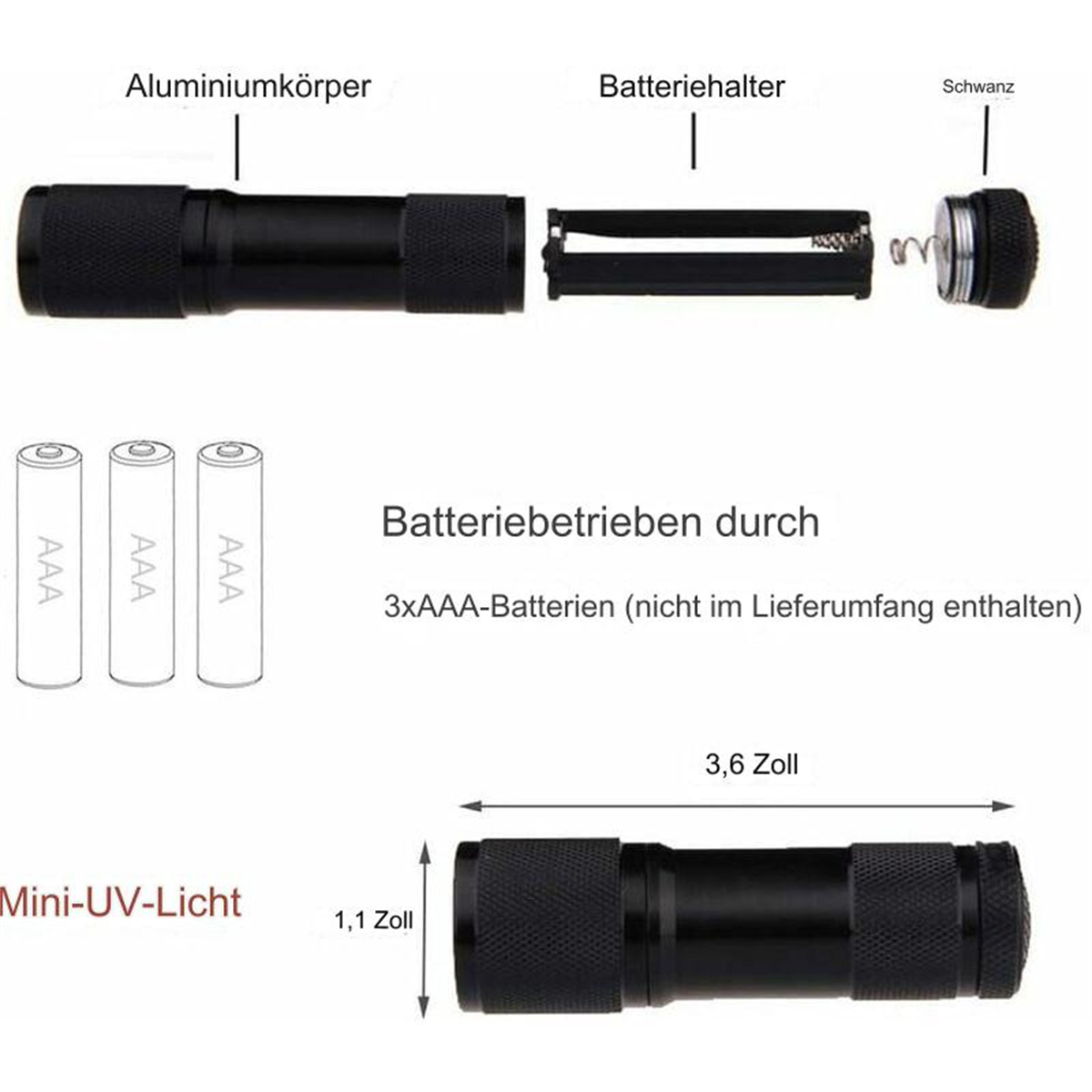 Eine schwarze Mini-UV-Taschenlampe zerlegt, die Teile und Batterien zeigt.