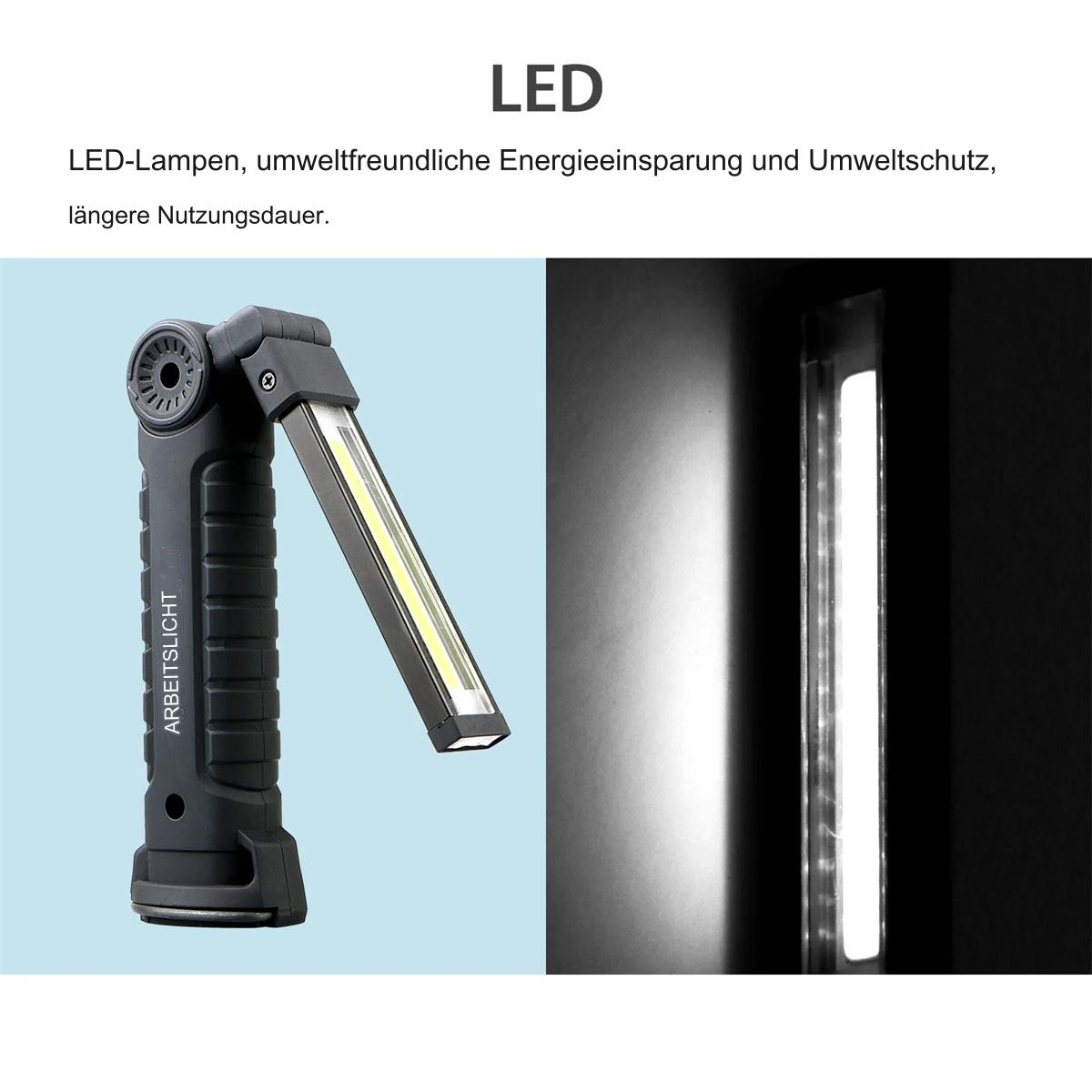 Schwarz-graues Arbeitslicht mit Lichtpanel. Weißer Hintergrund mit Text.