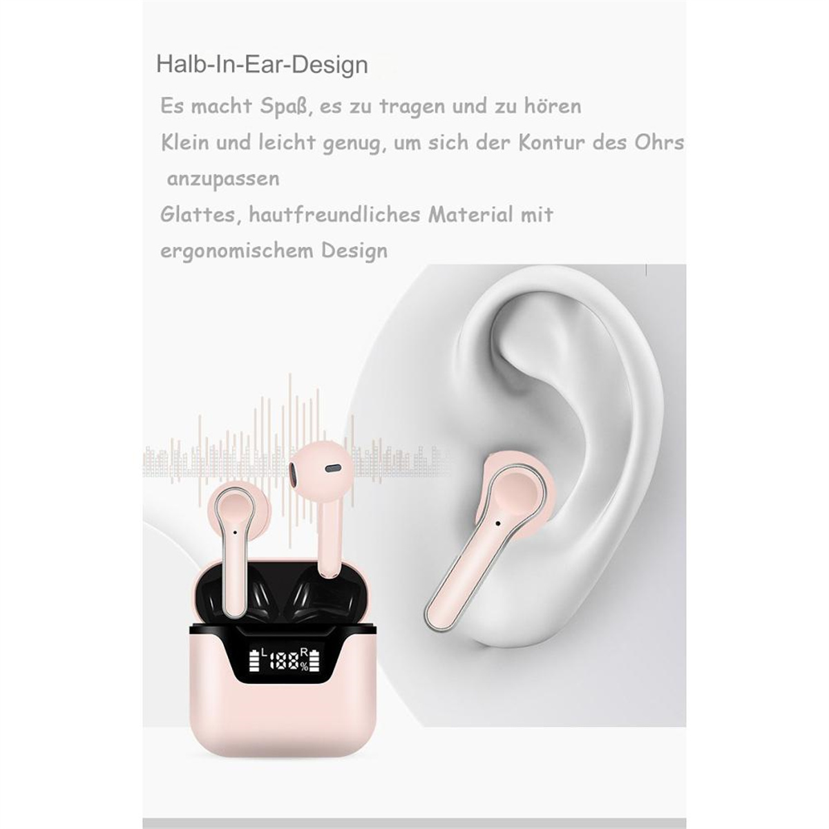 Rosa kabellose Ohrhörer mit Ladecase, dargestellt neben einer Ohr-Illustration.