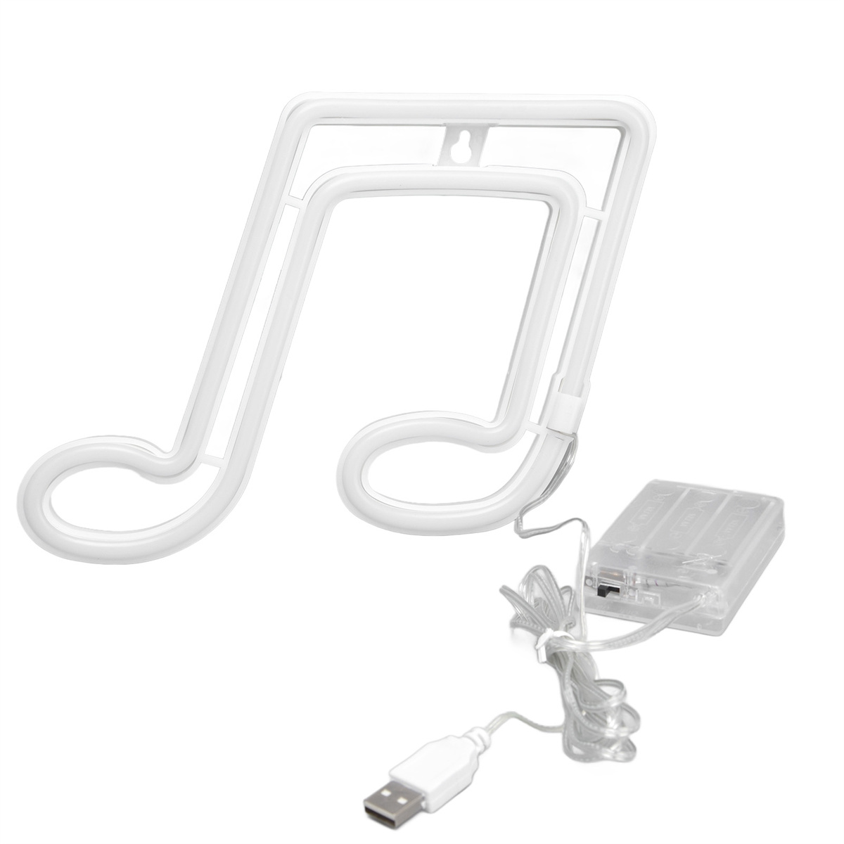 Weißes Neon-Musiknoten-Symbol. Batteriepack und USB-Kabel angeschlossen. Weißer Hintergrund.