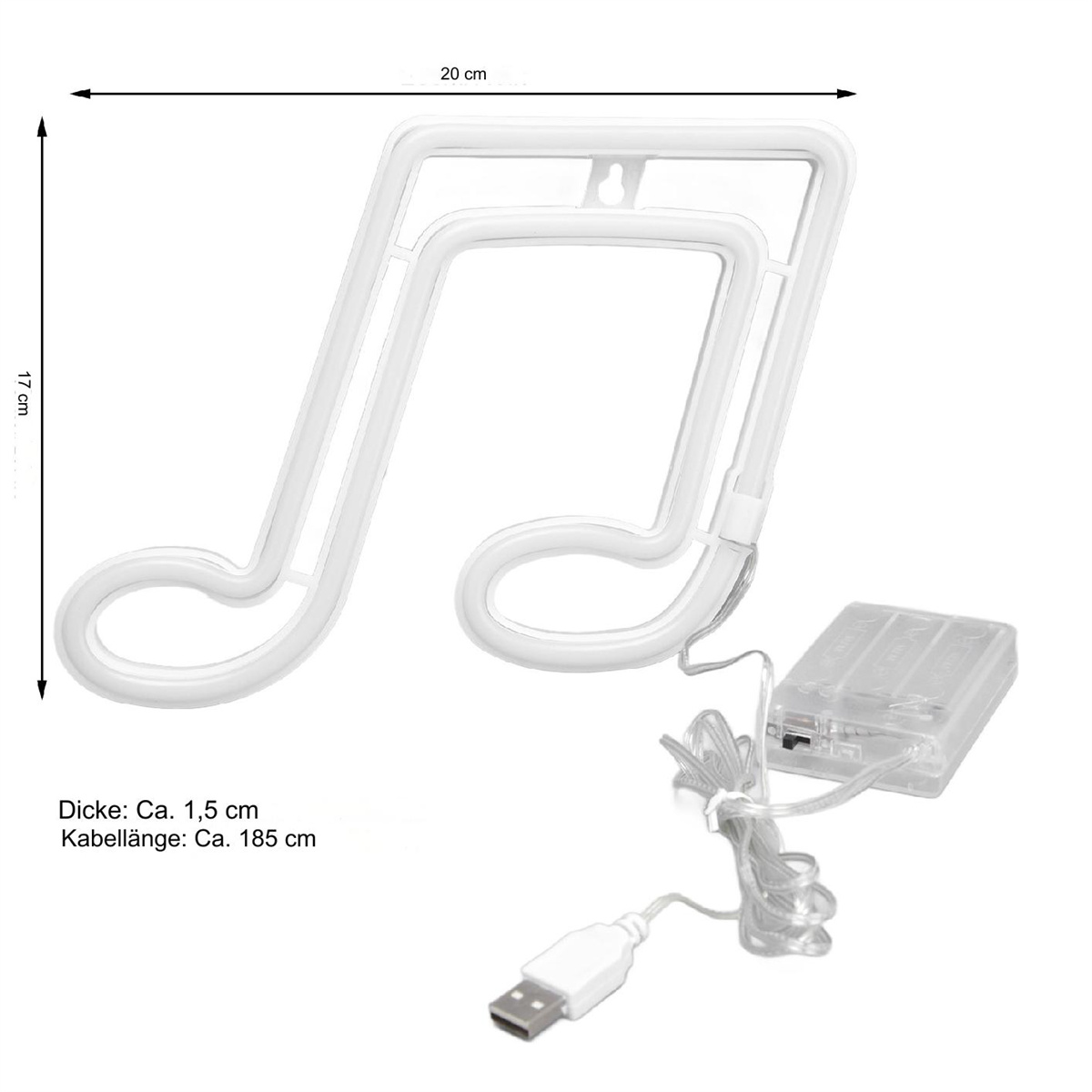 Eine weiße Neon-Musiknote mit Abmessungen in cm und ein USB-Kabel und ein Akku-Pack.