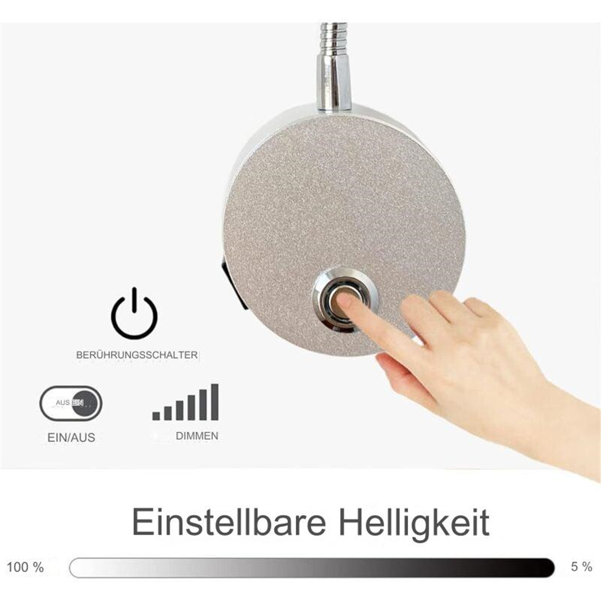 Eine Hand berührt eine silberne, berührungsempfindliche Lampe mit einstellbaren Helligkeitseinstellungen.