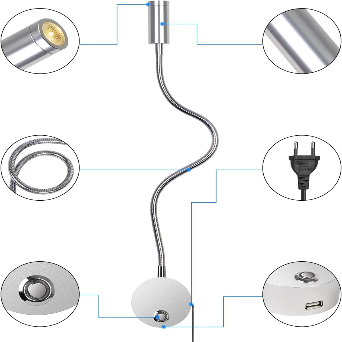 Diagramm einer Wandleuchte mit flexiblem Arm, das Details wie Stecker, Knopf und USB-Anschluss zeigt.