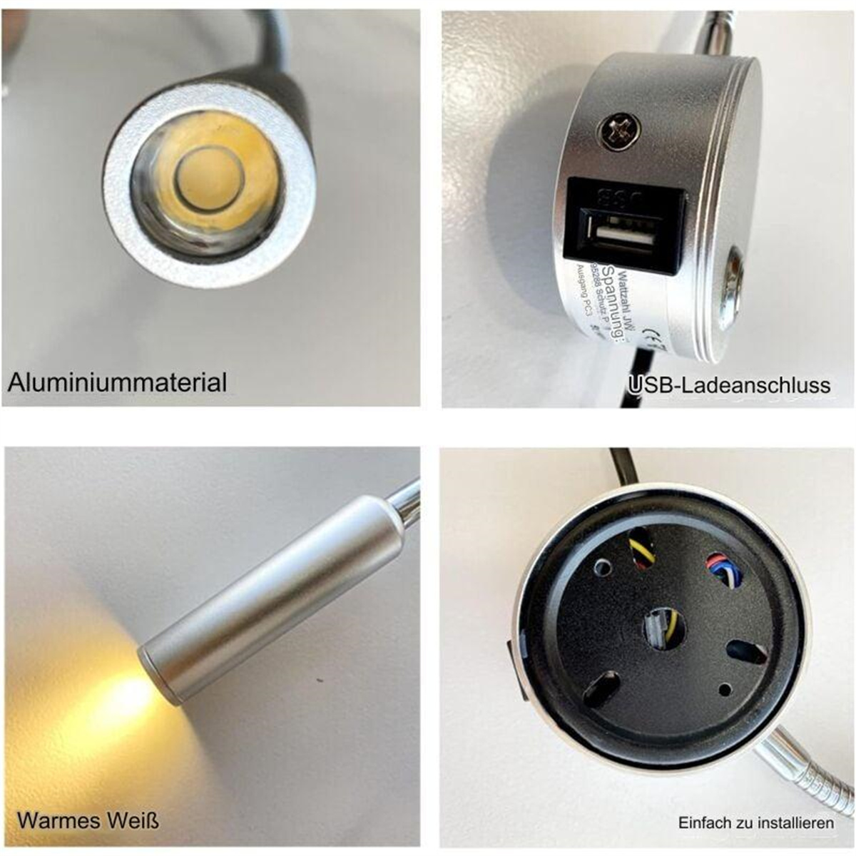 Nahaufnahmen einer silbernen Leselampe mit LED, USB-Anschluss und Basisdetails.