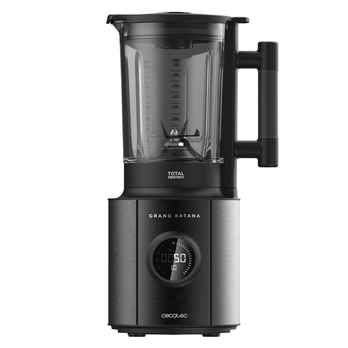 Schwarzer Mixer mit einem transparenten Behälter und einem Griff. Der Sockel hat ein Digitaldisplay.