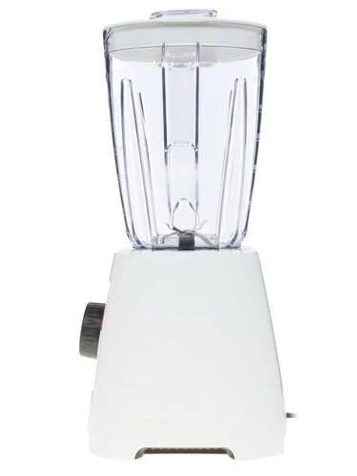 Frullatore bianco con caraffa in plastica trasparente e quadrante nero su sfondo bianco.