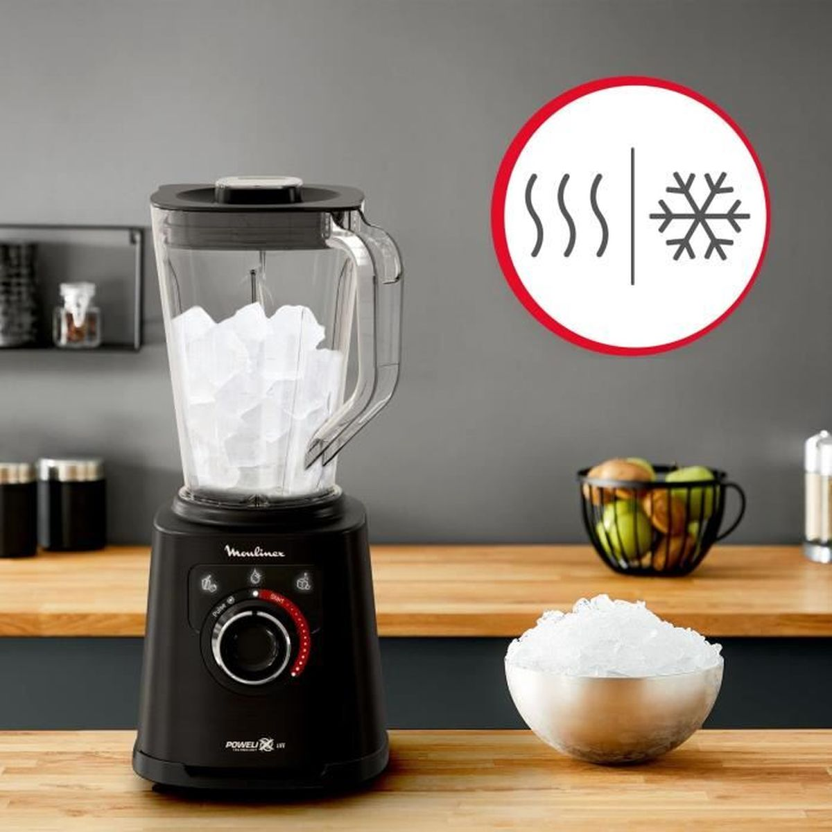 Una licuadora Moulinex negra con hielo, un icono circular y un bol con hielo.