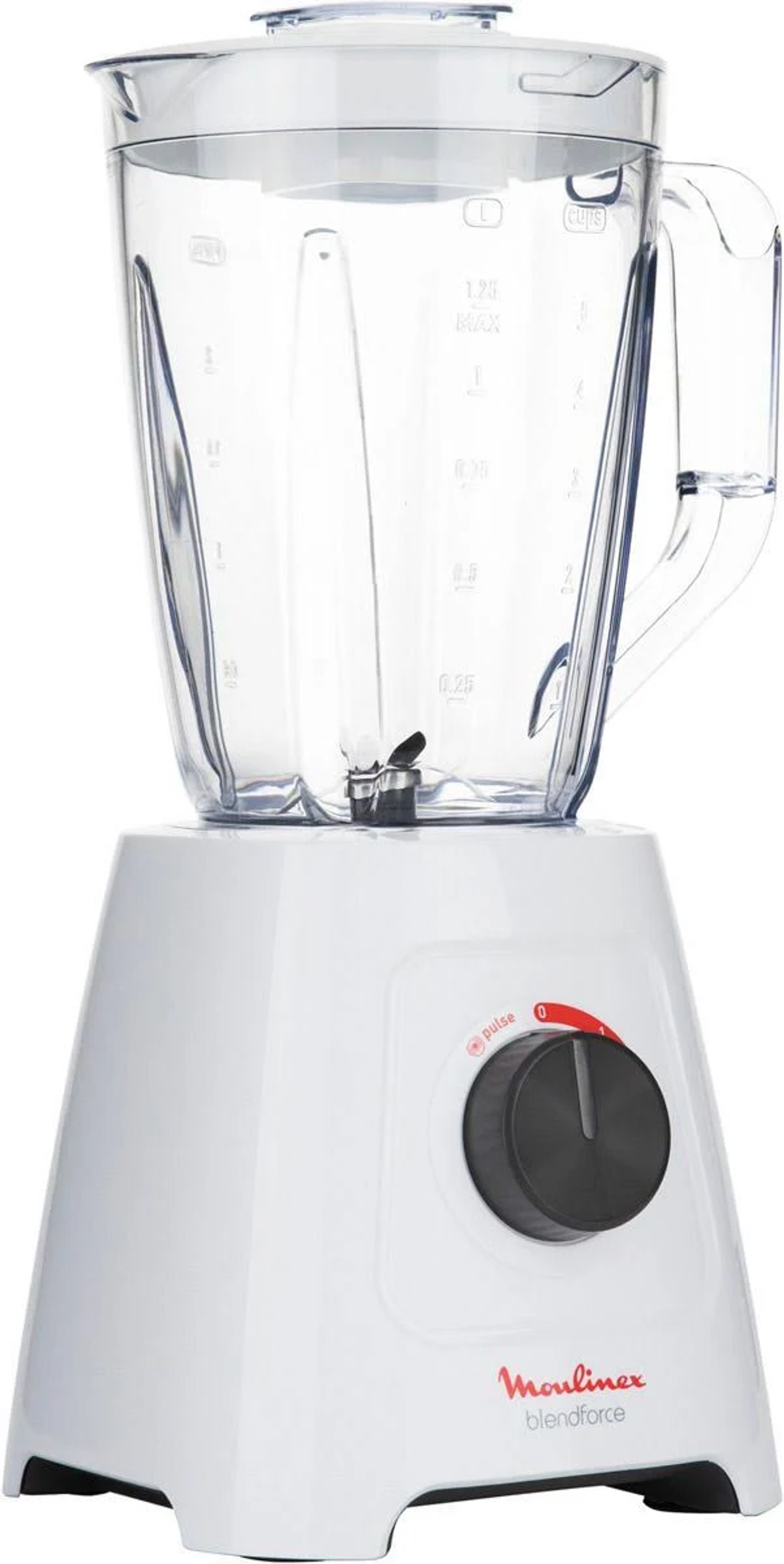 Frullatore Moulinex bianco con caraffa trasparente e manopola di controllo nera.