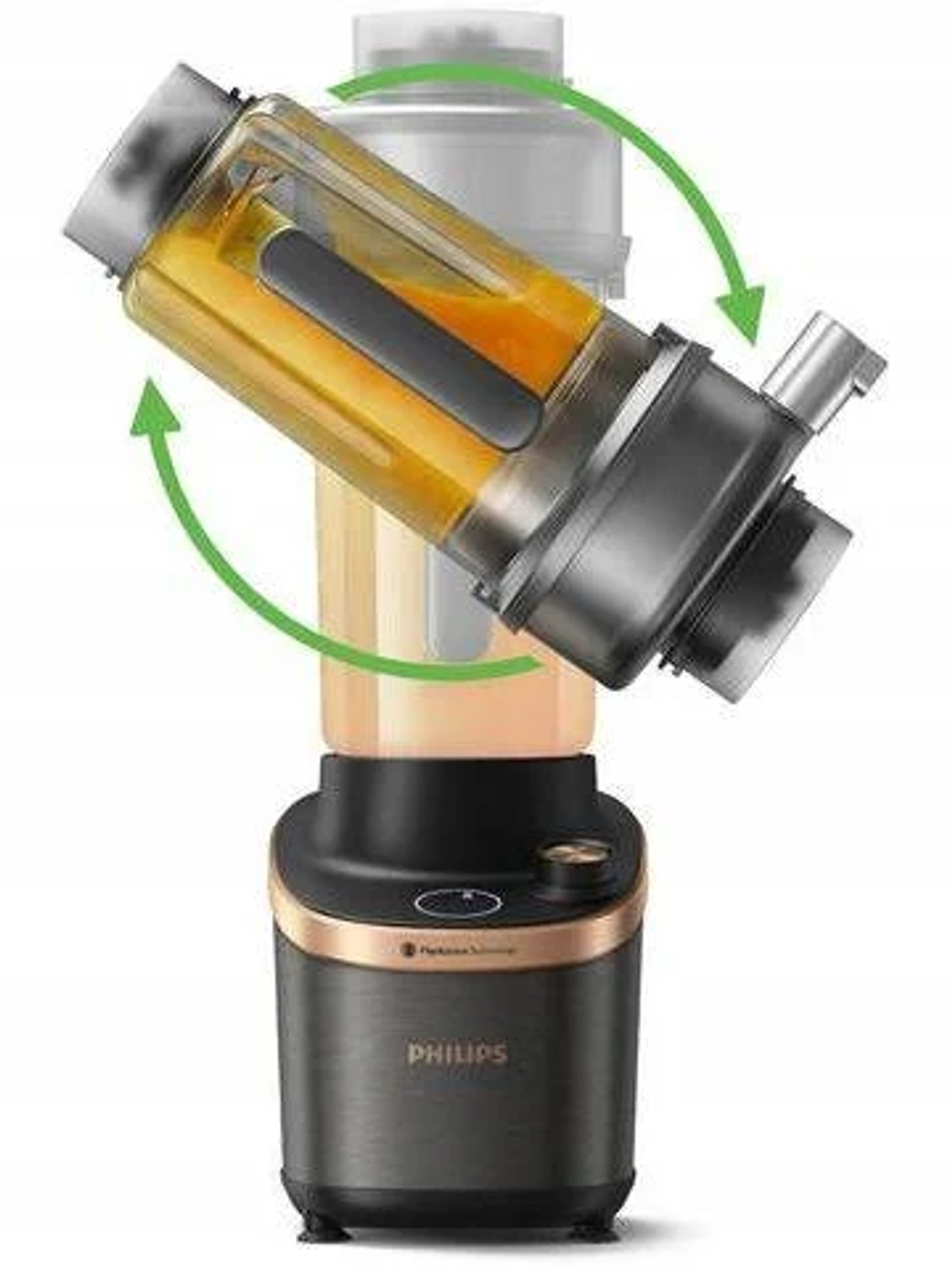 Blender Philips z pomarańczowym płynem w środku, obracający się. Czarna i złota podstawa.