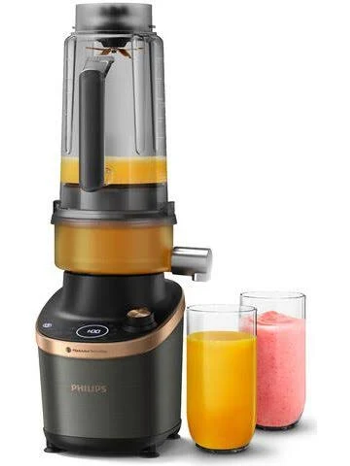 Blender z pomarańczowym płynem, dwie szklanki soku.