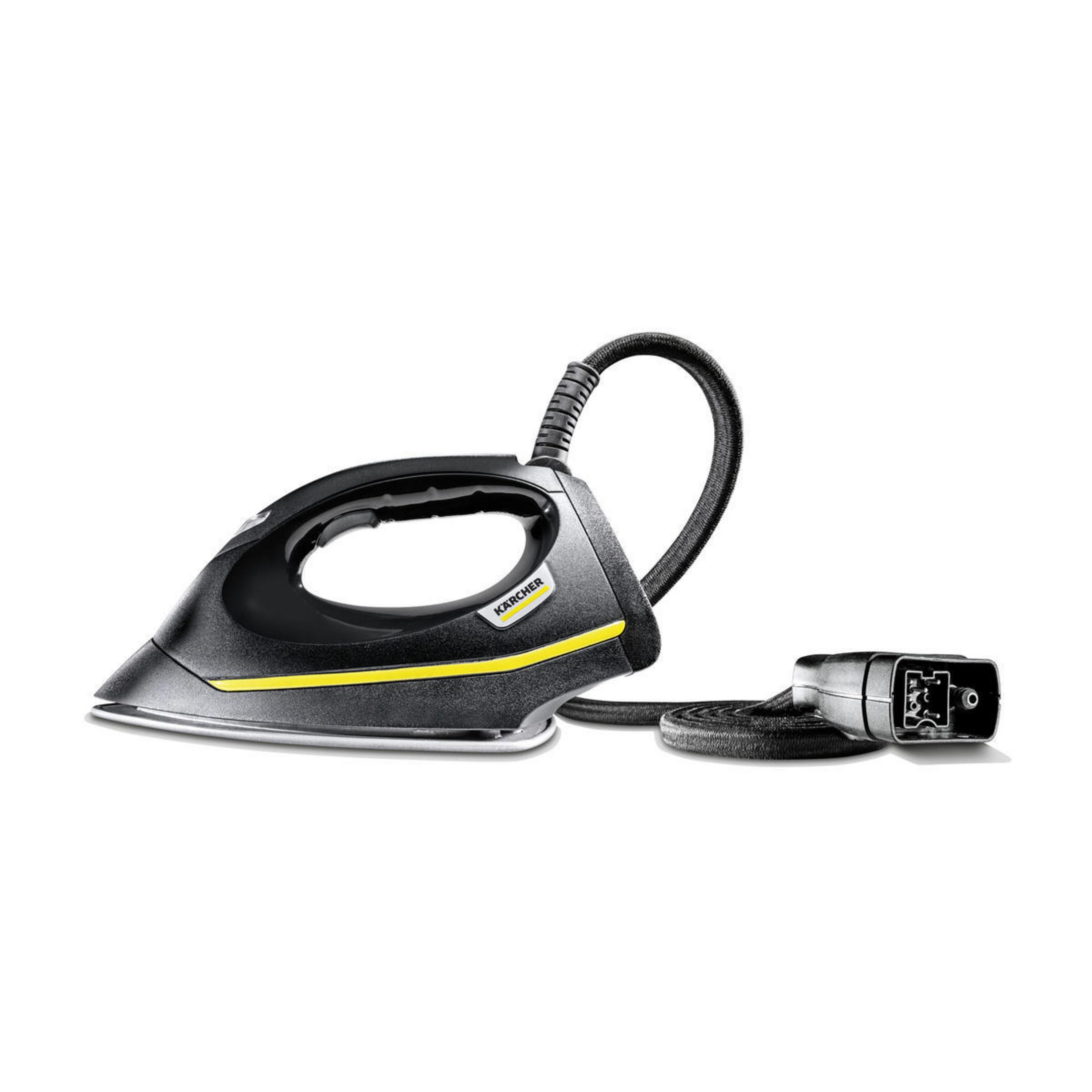 Schwarz-gelbes Kärcher Dampfbügeleisen mit angeschlossenem Netzkabel.