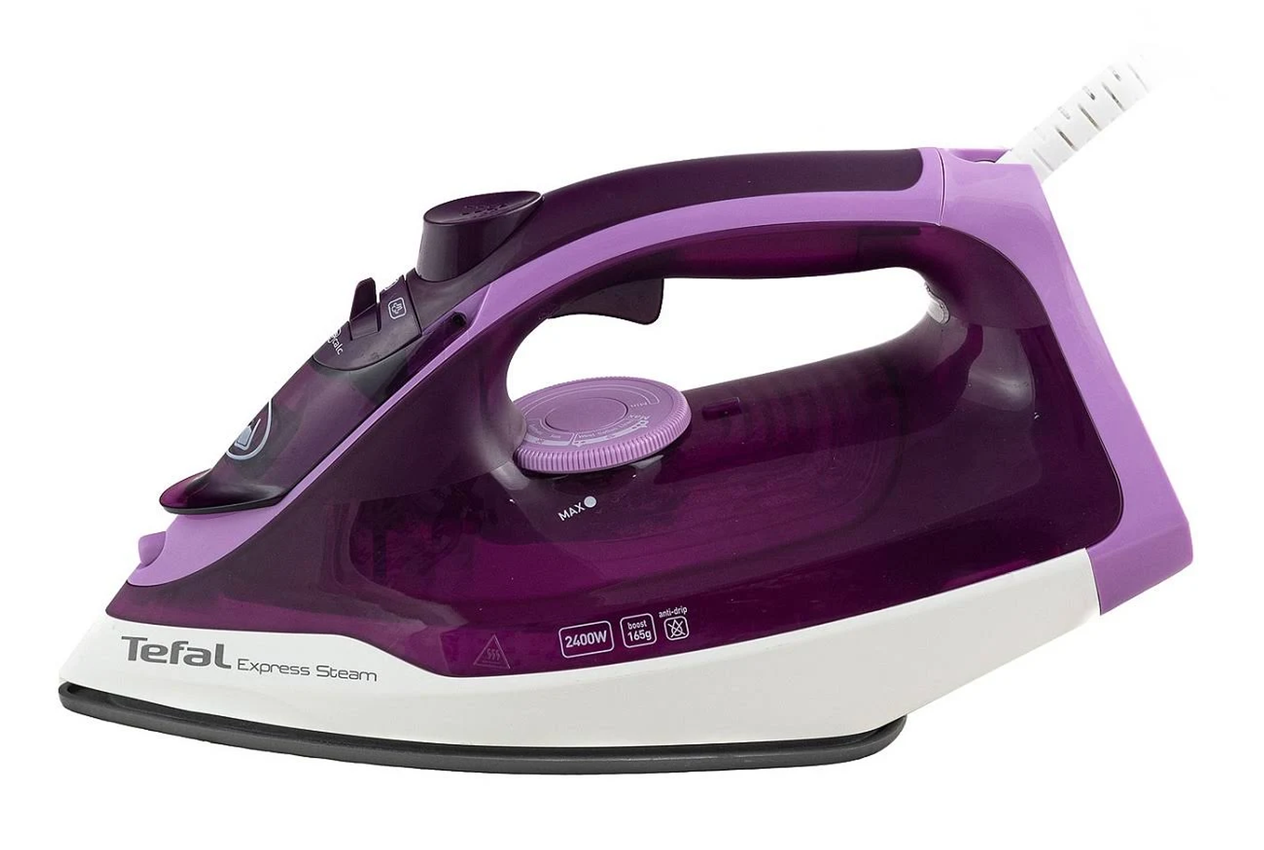 Plancha Tefal morada y blanca. La plancha está sobre una superficie blanca.