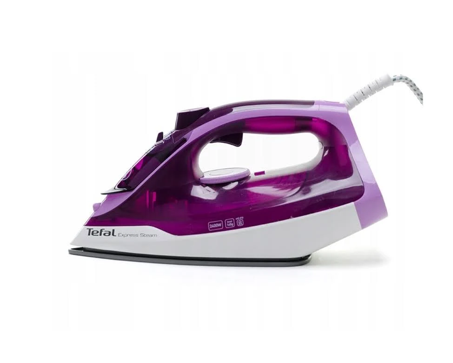 Plancha Tefal morada y blanca con cable blanco, sobre fondo blanco. Vista lateral.