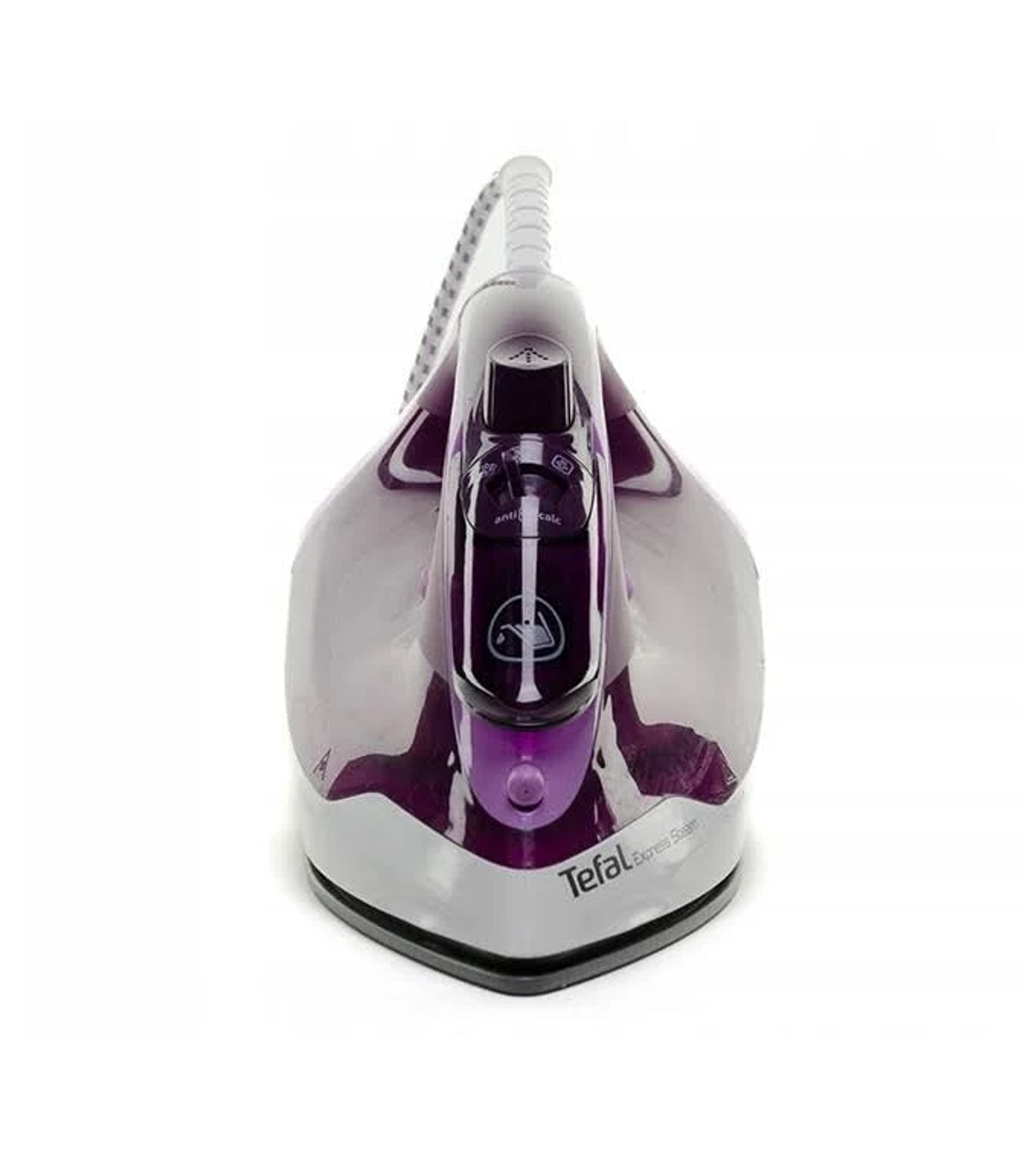 Vista superior de una plancha Tefal Express Steam. Blanca y morada, con depósito de agua visible.