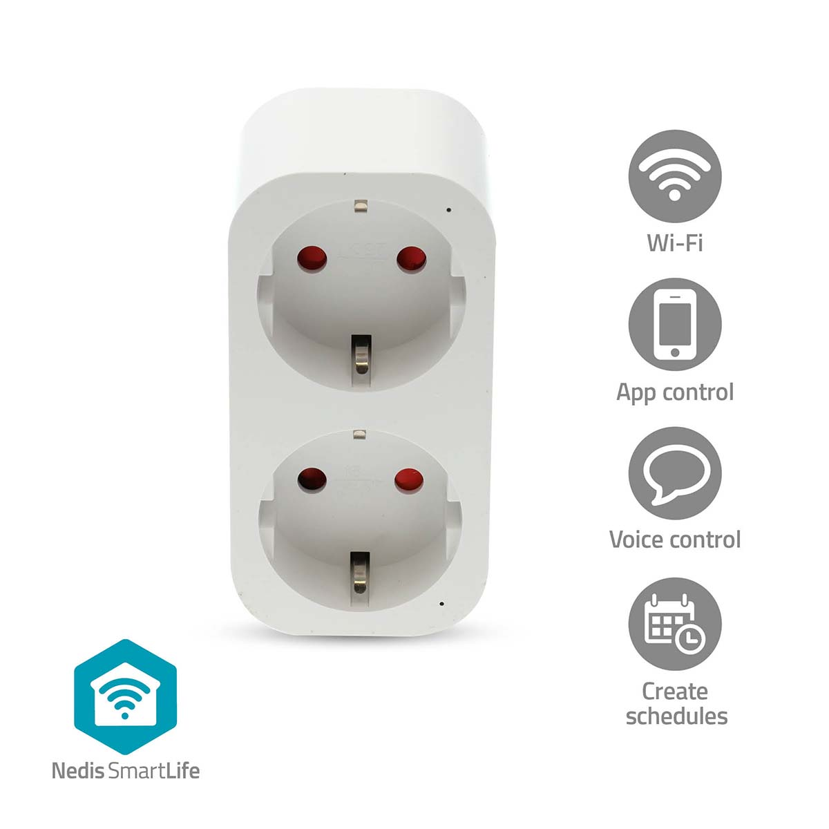 A white smart plug with two outlets and icons for Wi-Fi, app, voice, and scheduling.