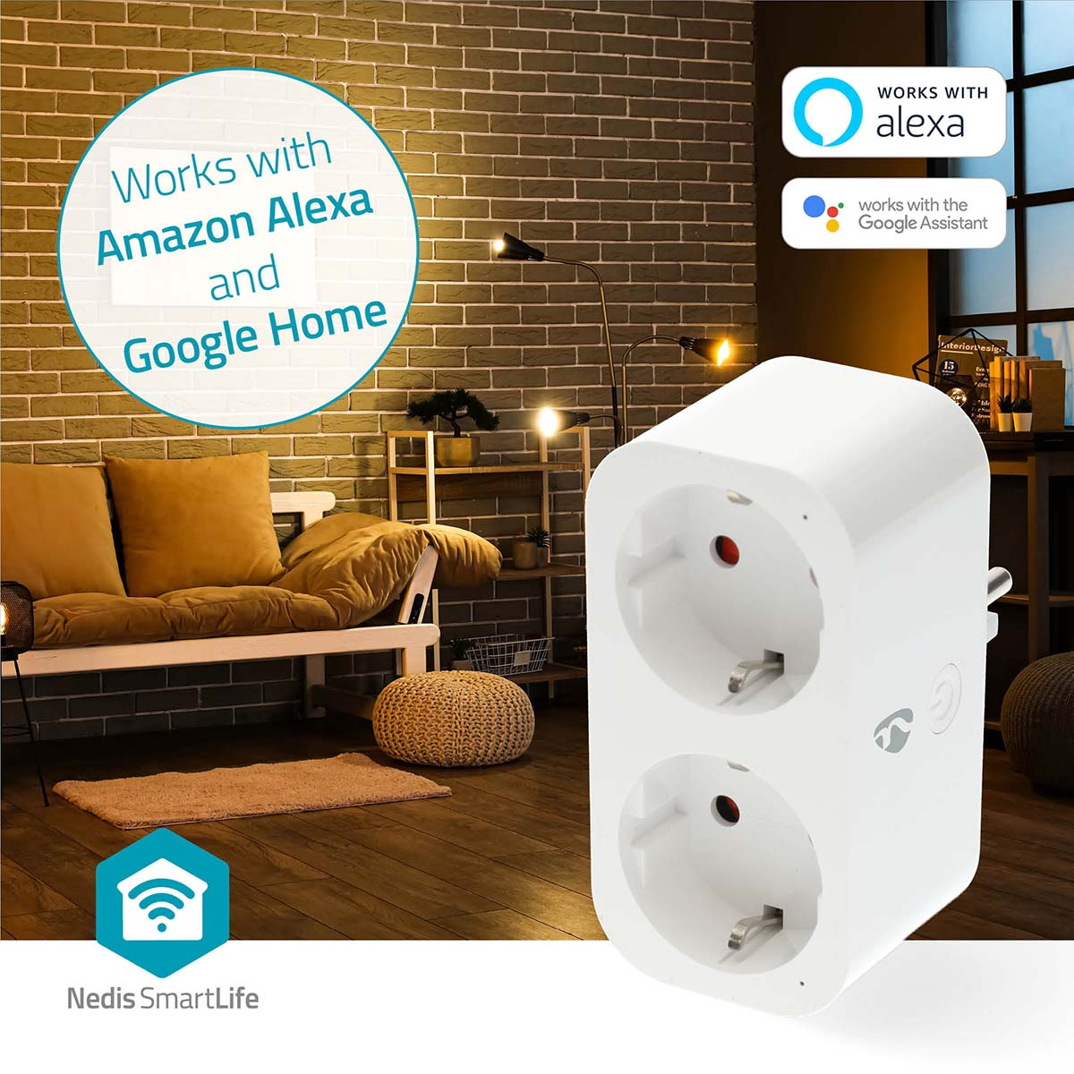 A white smart plug with two sockets. Text indicates it works with Alexa and Google Home, and is Nedis.