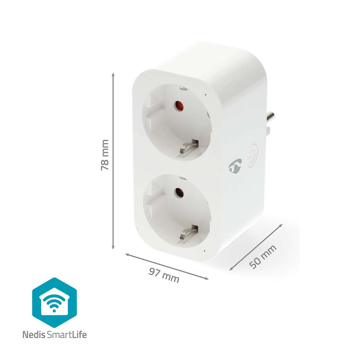 A white smart plug with two sockets, and dimensions displayed, along with a logo.