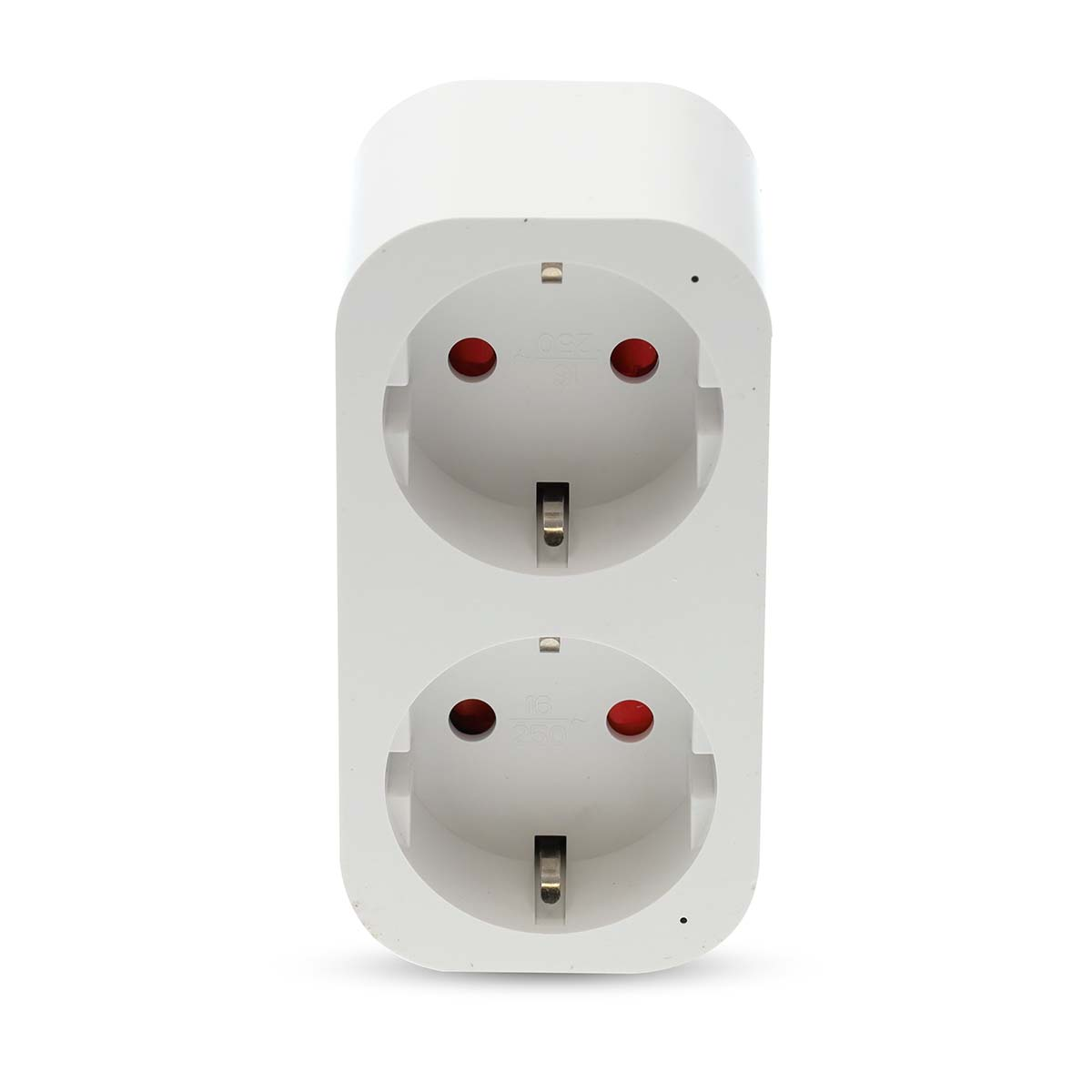 A white dual outlet plug with red sockets. Two circular sockets are visible.
