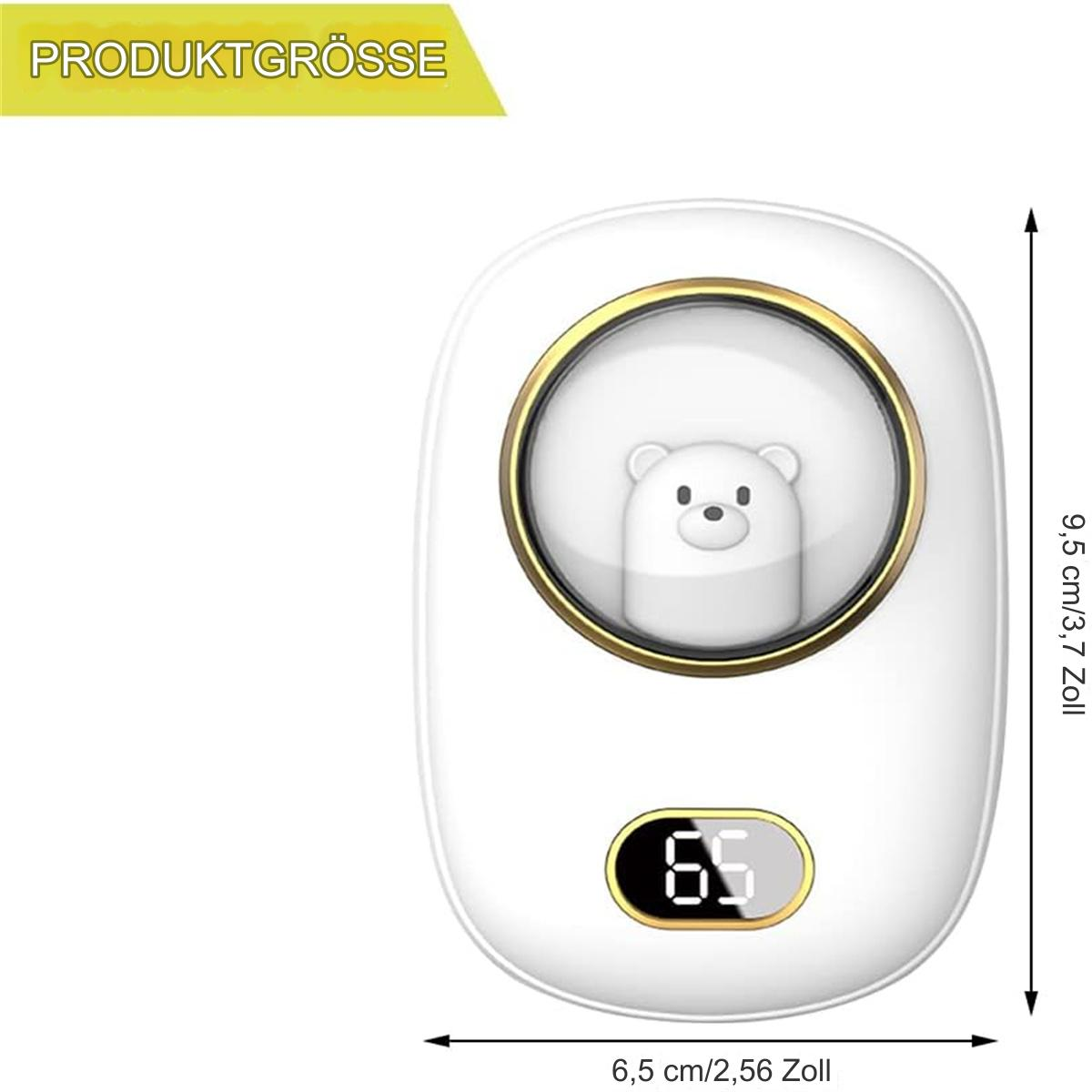 Ein weißes und goldfarbenes bärenförmiges Gerät mit Digitalanzeige 65, mit Abmessungen.