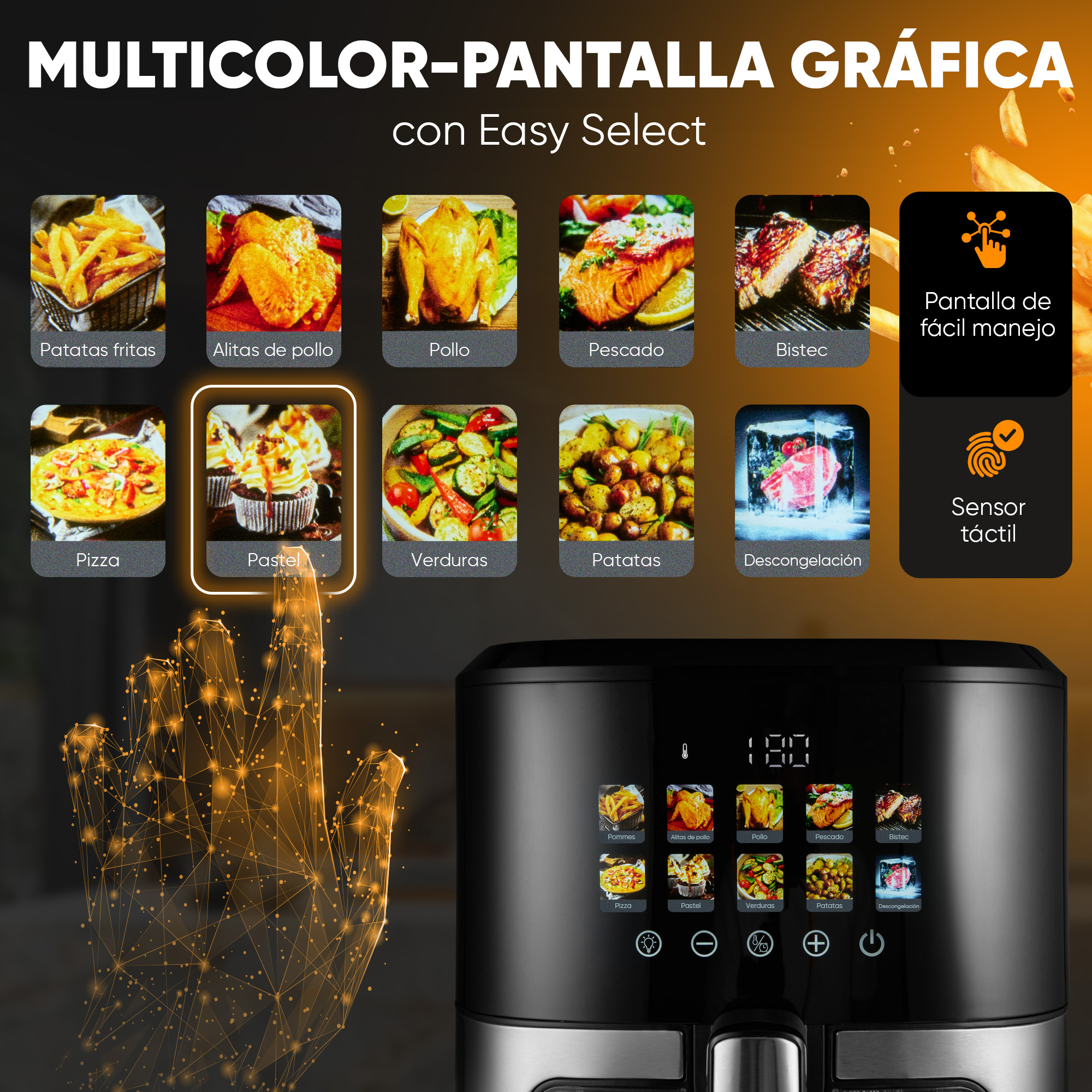 Frytownica z cyfrowym menu pokazującym opcje jedzenia i czujnikiem dotykowym.