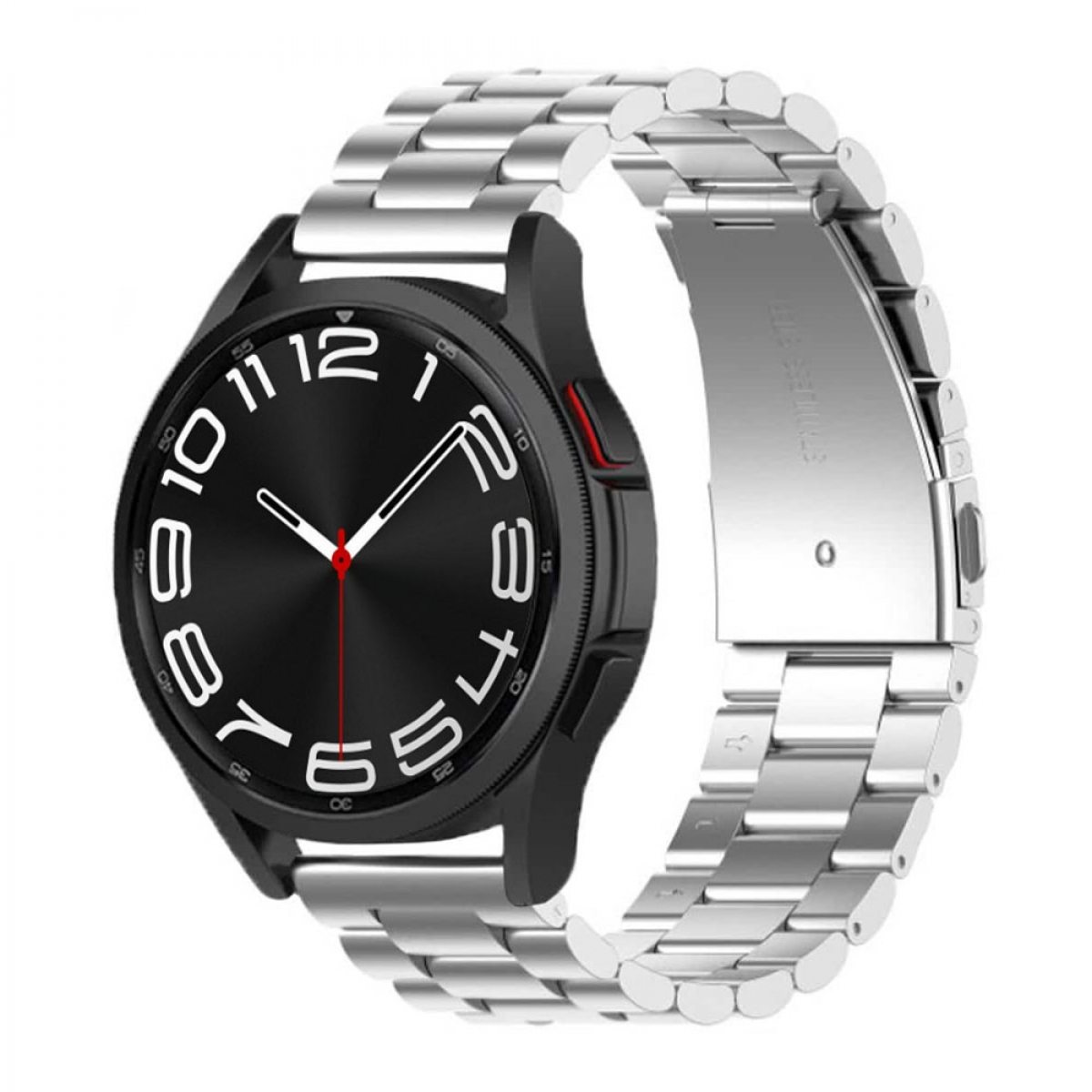 Schwarze Smartwatch mit silbernem Metallband. Schwarzes Zifferblatt mit weißen Zahlen.