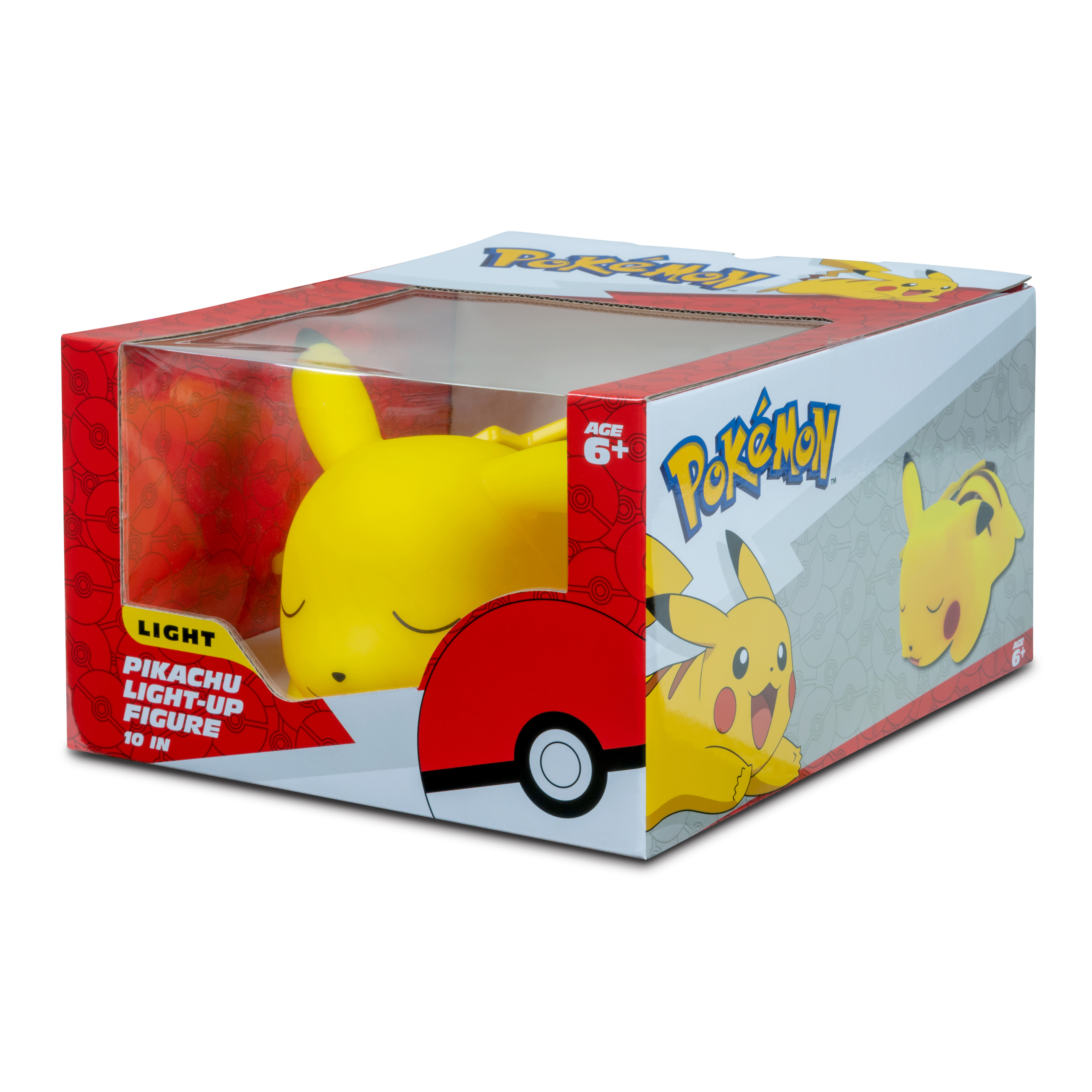 Figura luminosa di Pikachu in una scatola. La scatola presenta immagini e testo di Pikachu.