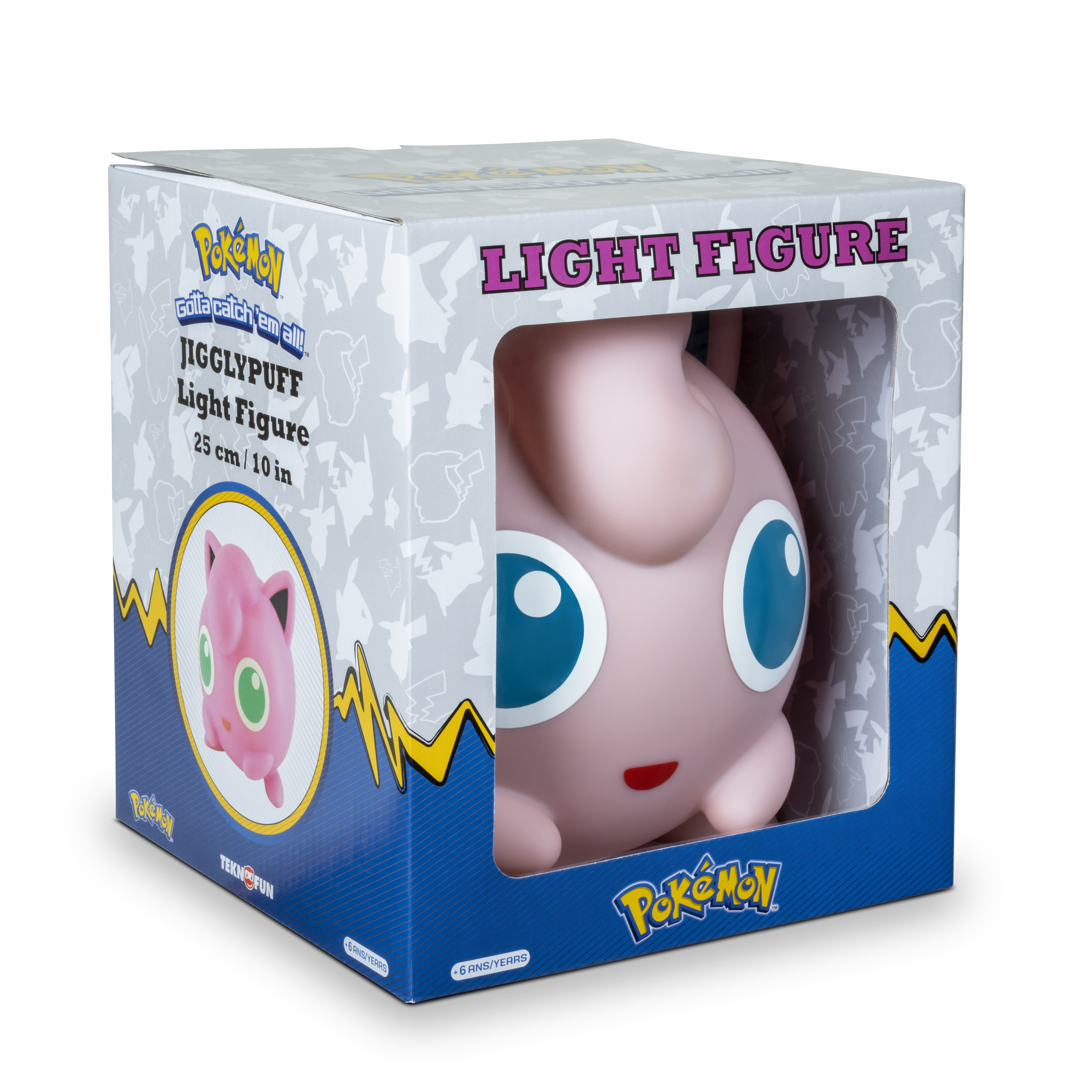 Personaggio luminoso Jigglypuff Pokémon in una scatola. La scatola dice "Light Figure" e "Jigglypuff".