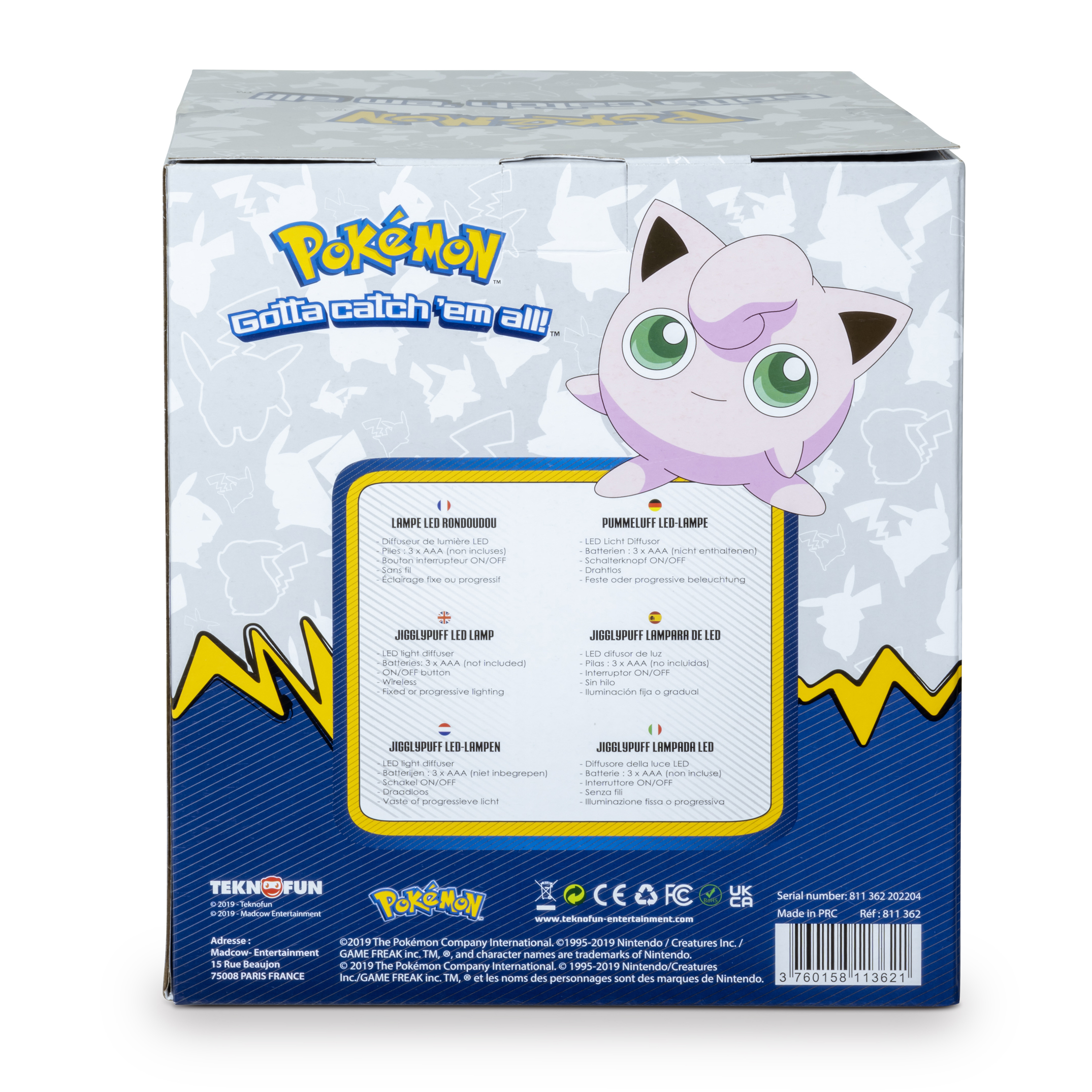Confezione in scatola con un'illustrazione di Jigglypuff e testo in più lingue.