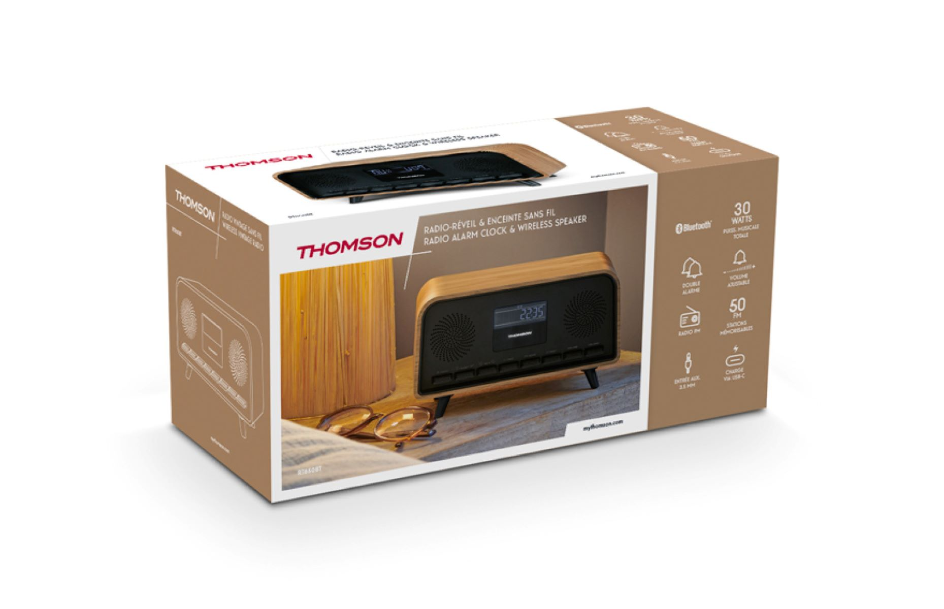 Pudełko na radiobudzik i głośnik bezprzewodowy Thomson, ze szczegółami produktu.