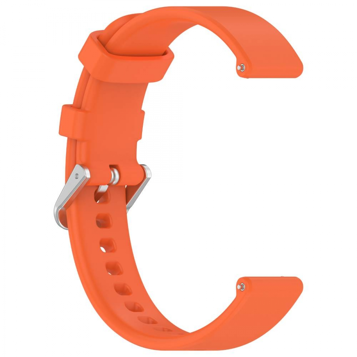 Oranges Uhrenarmband mit silberner Schnalle, C-förmig. Details des Armbands sind sichtbar.