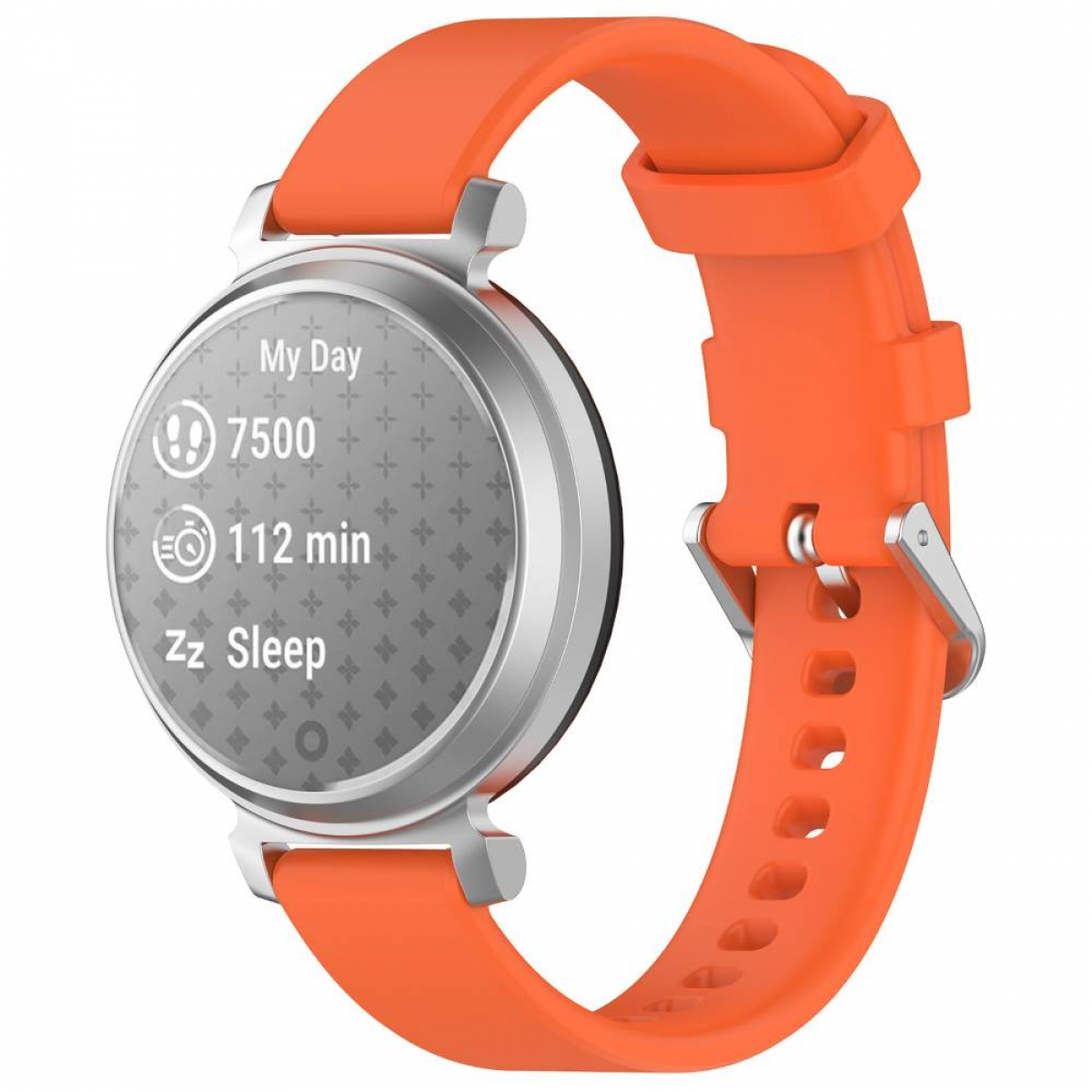 Eine Smartwatch mit orangefarbenem Armband. Der Bildschirm zeigt Gesundheitsmetriken an: Schritte, Trainingszeit und Schlafdauer.