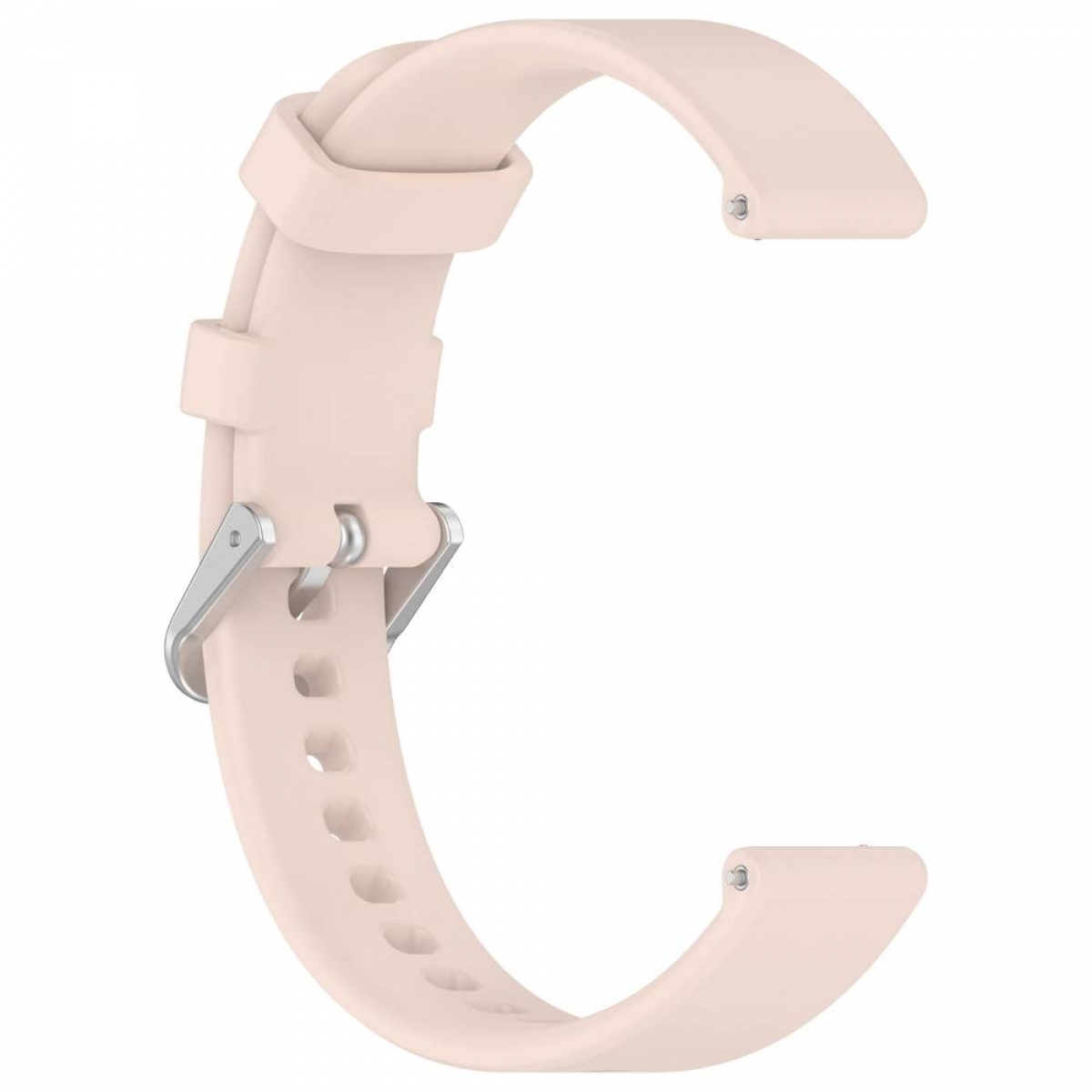 Ein hellrosa Uhrenarmband mit silberner Schnalle wird gezeigt.