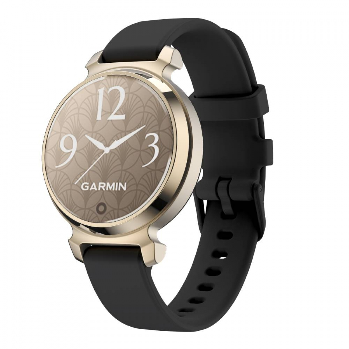 Garmin Smartwatch mit Goldakzenten und schwarzem Armband, zeigt ein Ziffernblatt.