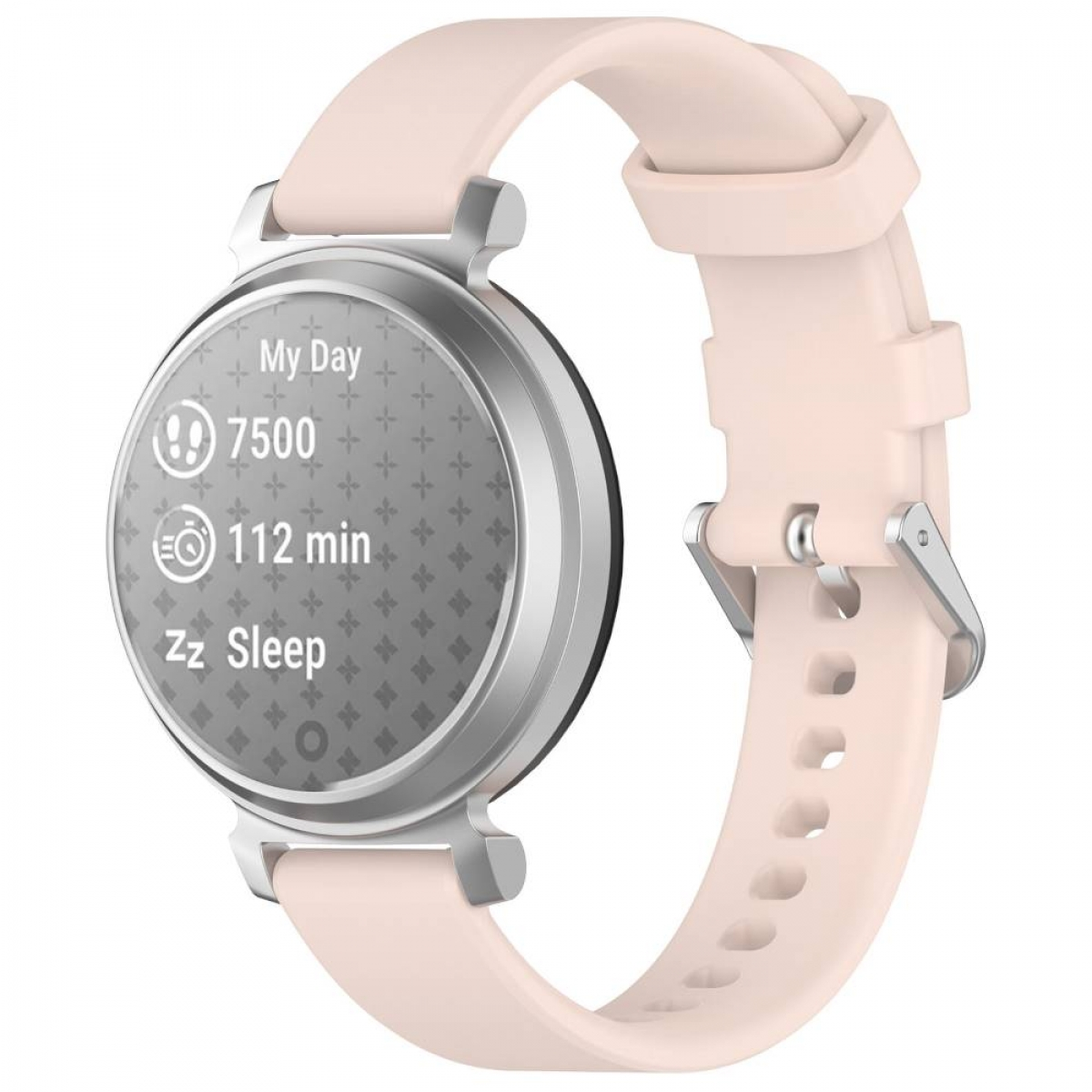 Smartwatch zeigt Daten: Mein Tag 7500 Schritte, 112 Min. und Schlaf. Es ist rosa mit silbernem Gehäuse.