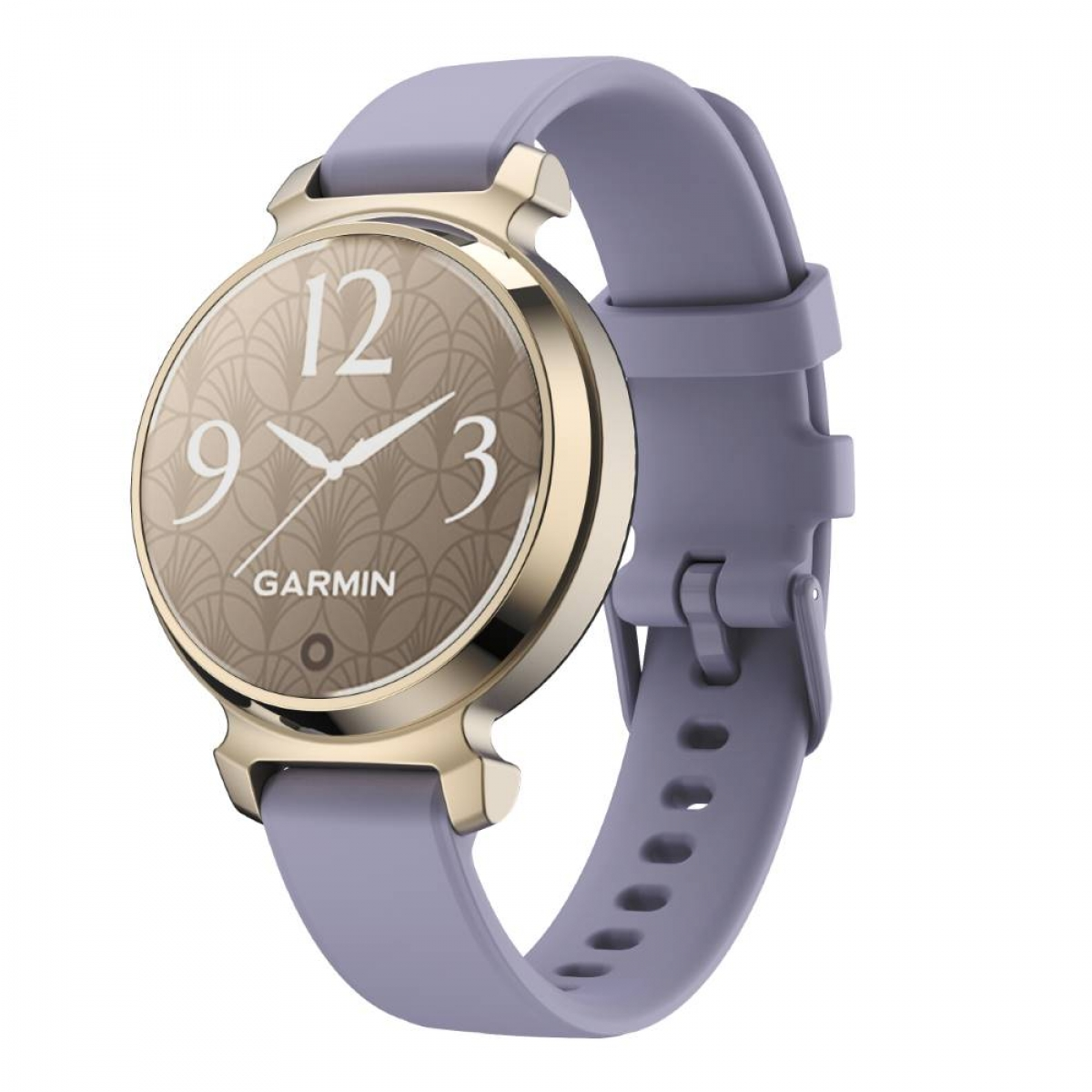Garmin-Smartwatch mit goldfarbenem Gehäuse und lila Armband. Zahlen 12,9,3 sind sichtbar.