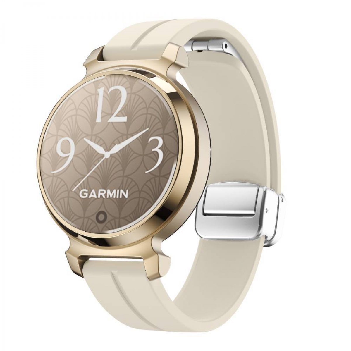 Cremefarbene Garmin Smartwatch mit goldener Lünette, analogem Zifferblatt und cremefarbenem Armband.