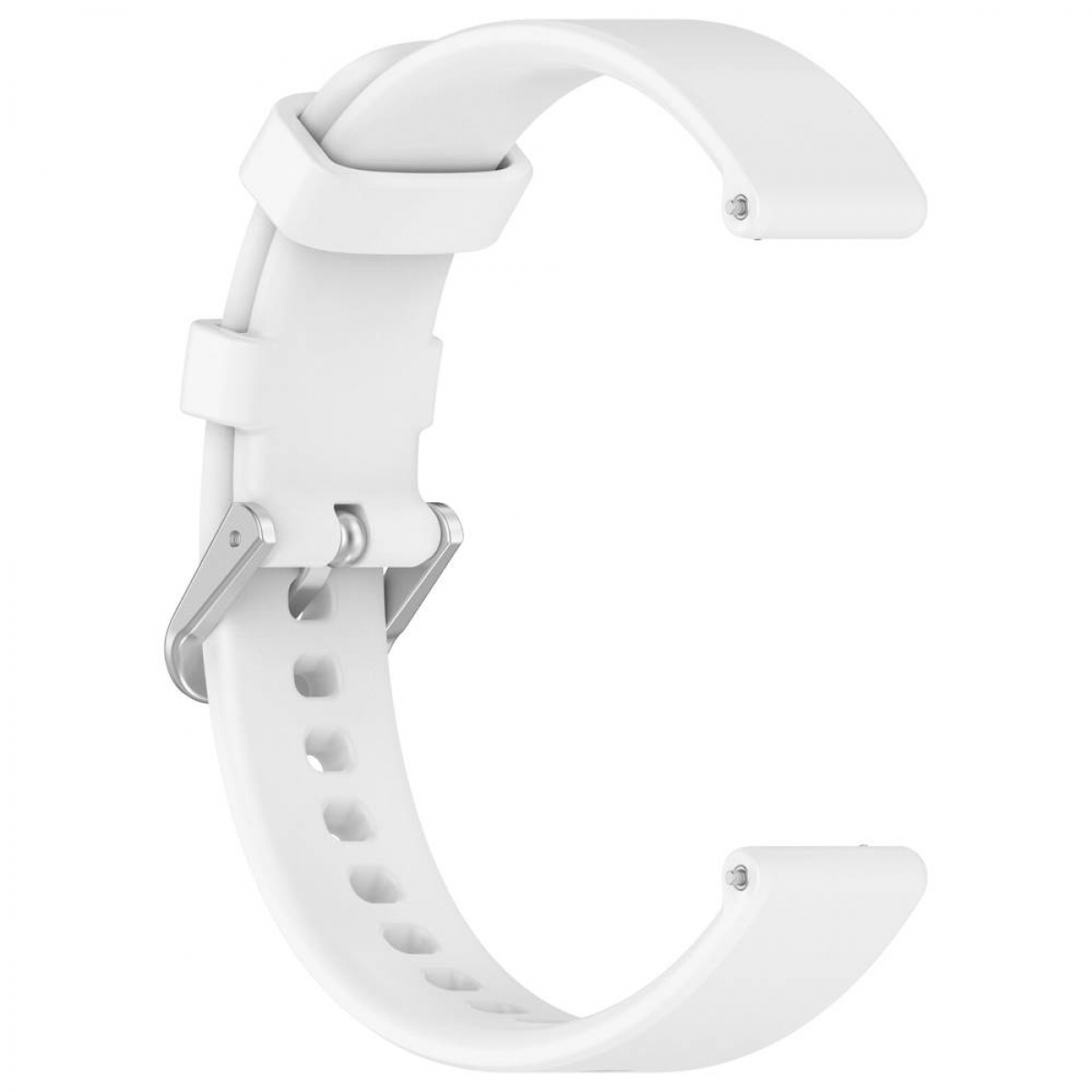 Ein weißes Uhrenarmband. Das Band hat Löcher und einen Metallverschluss.