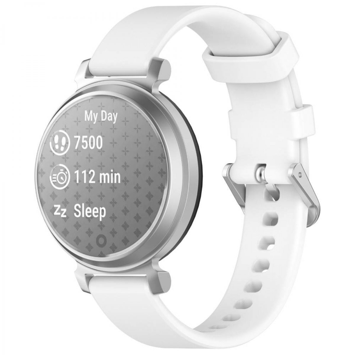 Weiße Smartwatch. Zeigt Zeit, Schritte und Schlafdauer auf grauem Bildschirm.