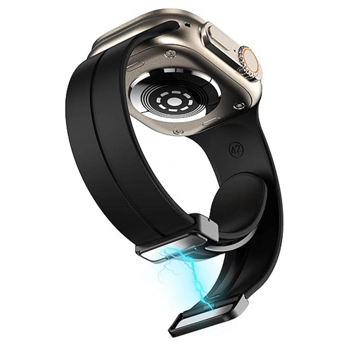 Silberne Smartwatch mit schwarzem Armband. Ein blaues Licht ist am Band in der Nähe des Verschlusses sichtbar.