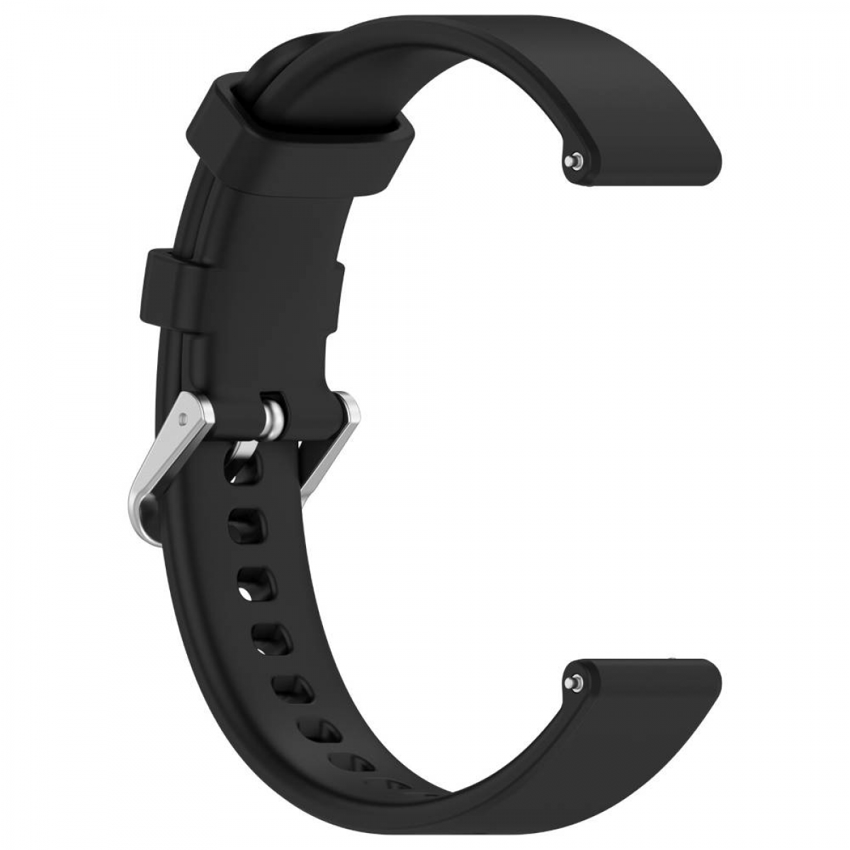 Schwarzes Uhrenarmband, gebogene Form. Das Armband hat eine Schnalle und einen Stift.