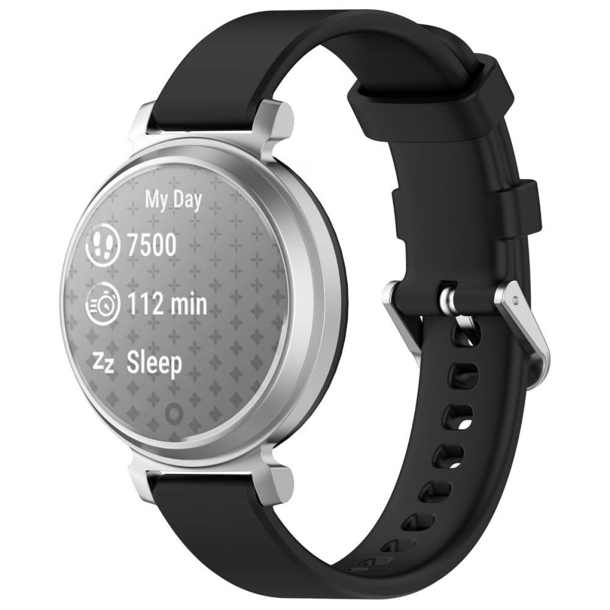 Smartwatch mit rundem Display, das Aktivitätsmetriken anzeigt, mit schwarzem Armband.