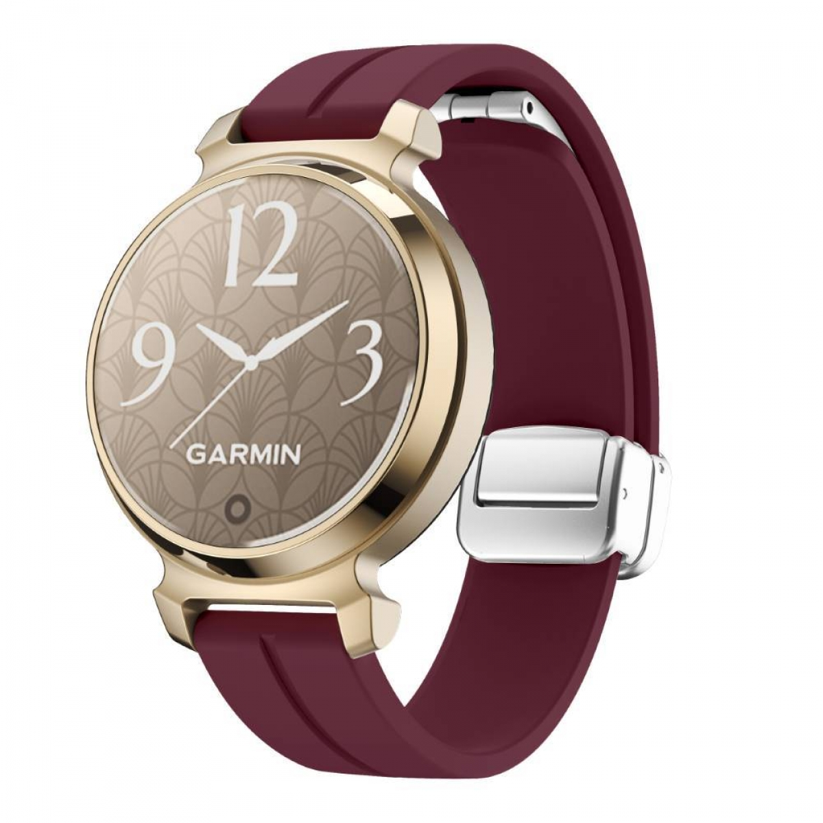 Goldene Uhr mit weinrotem Armband. Das Zifferblatt hat die Zahlen 12, 9 und 3.